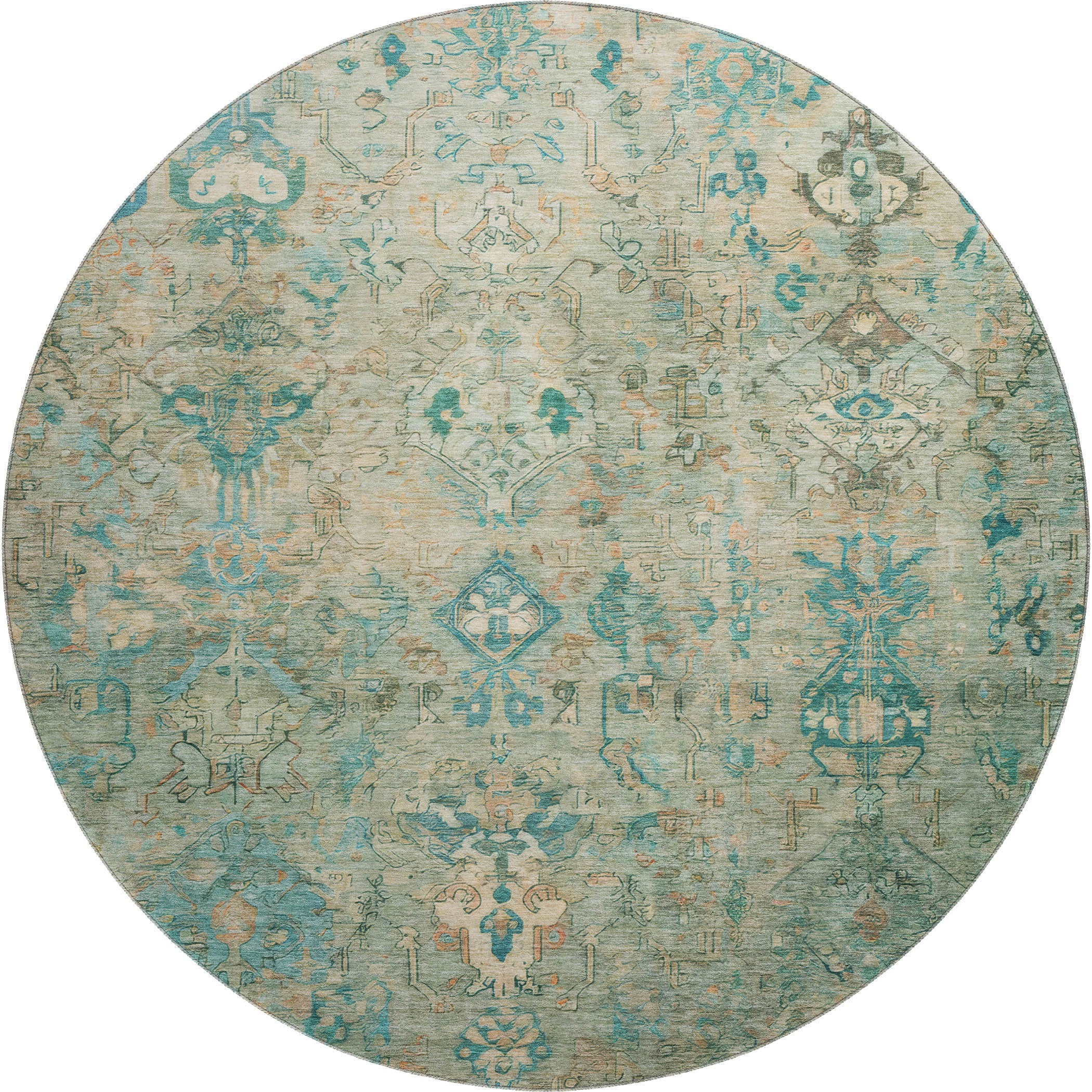 Istanbul Machine Washable Traditional Teal Rug 8' x 8' #shape_Round