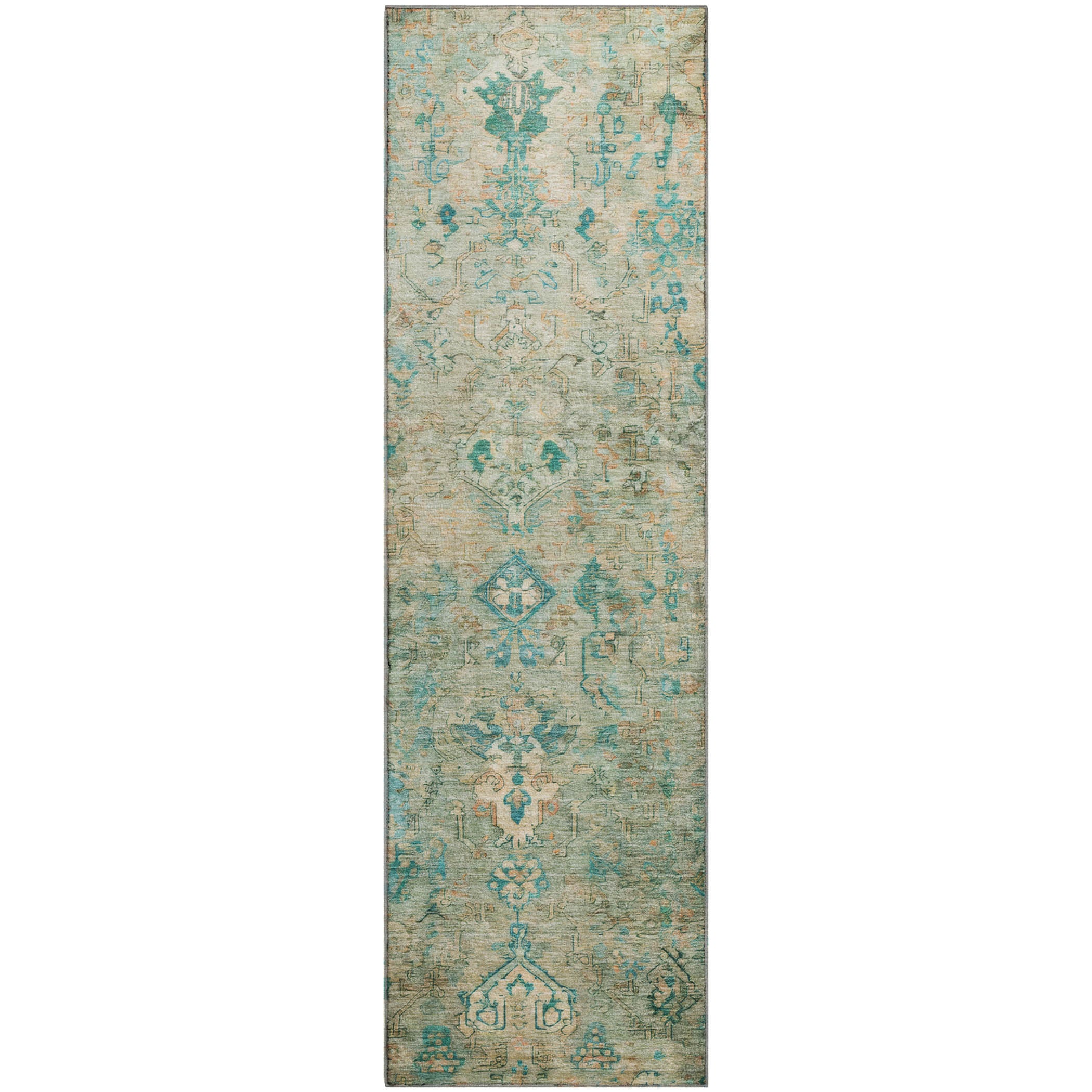 Istanbul Machine Washable Traditional Teal Rug 2'3" x 7'6" #shape_Runner
