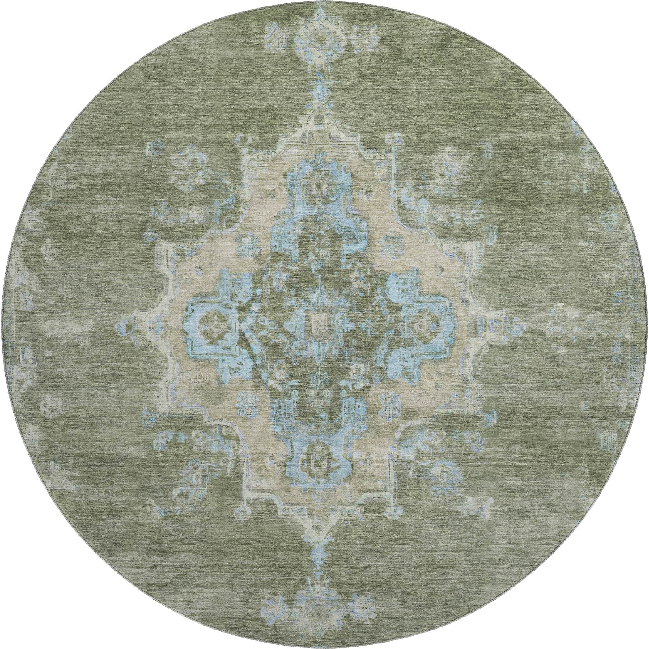 Kotor Machine Washable Traditional Basil Green Rug 8' x 8' #shape_Round