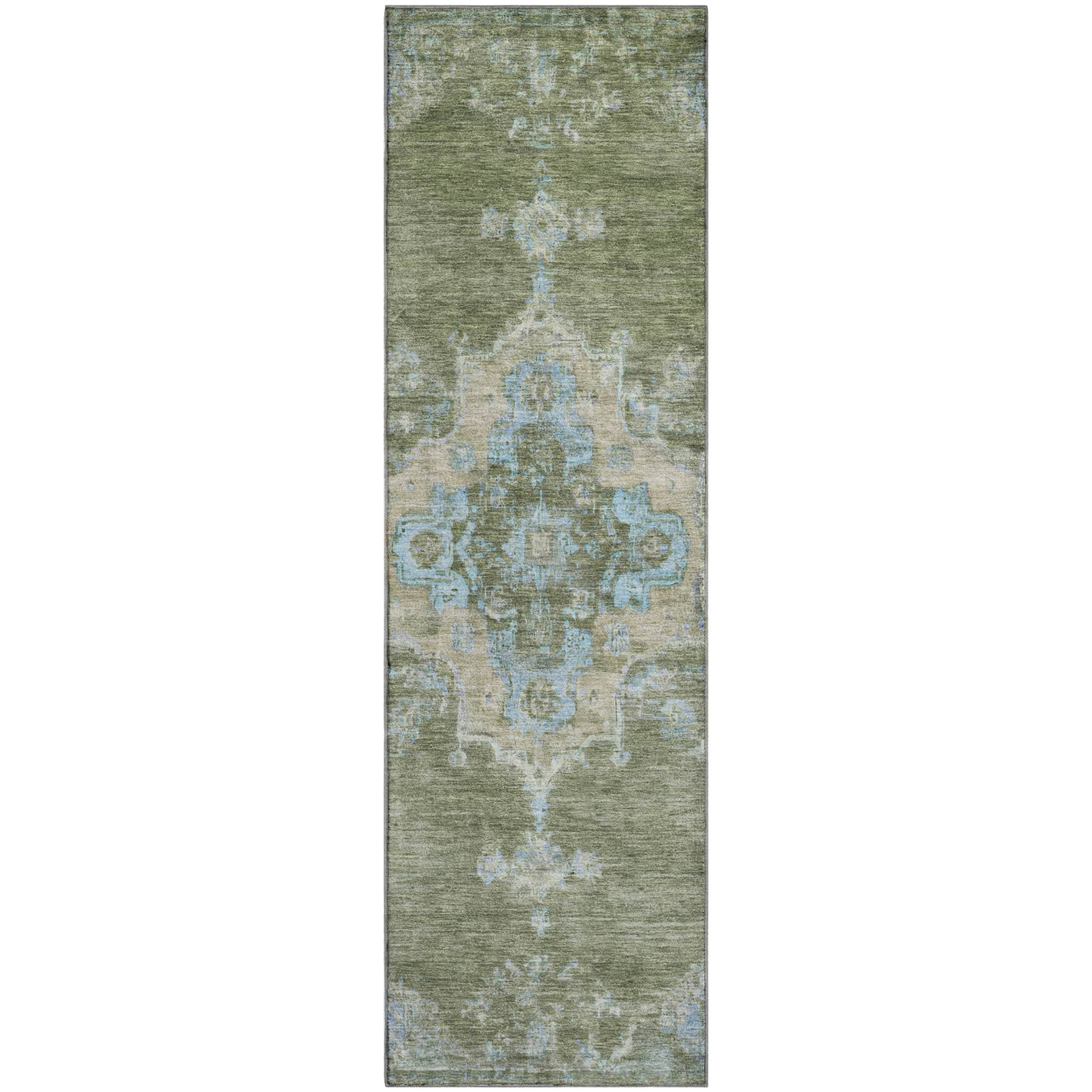 Kotor Machine Washable Traditional Basil Green Rug 2'3" x 7'6" #shape_Runner