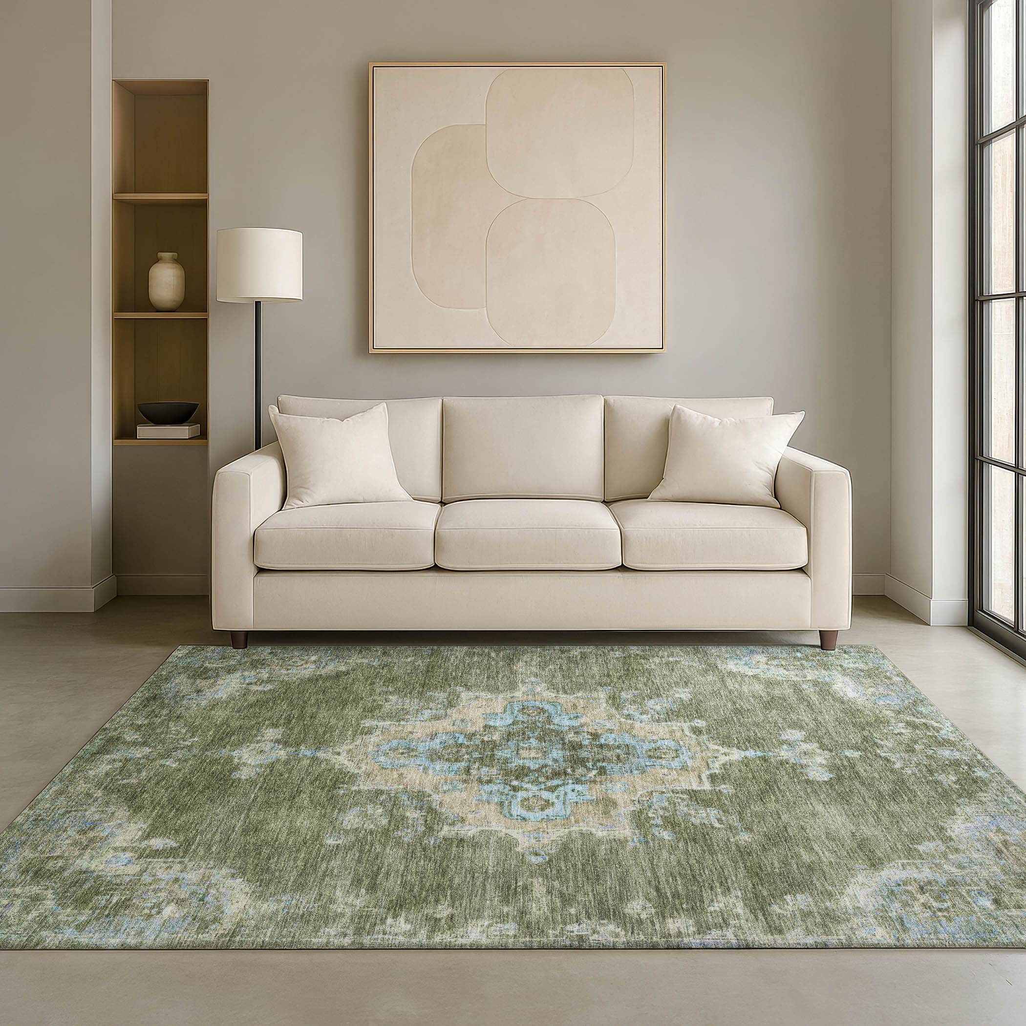 Kotor Machine Washable Traditional Basil Green Rug 3' x 5' #shape_Rectangle