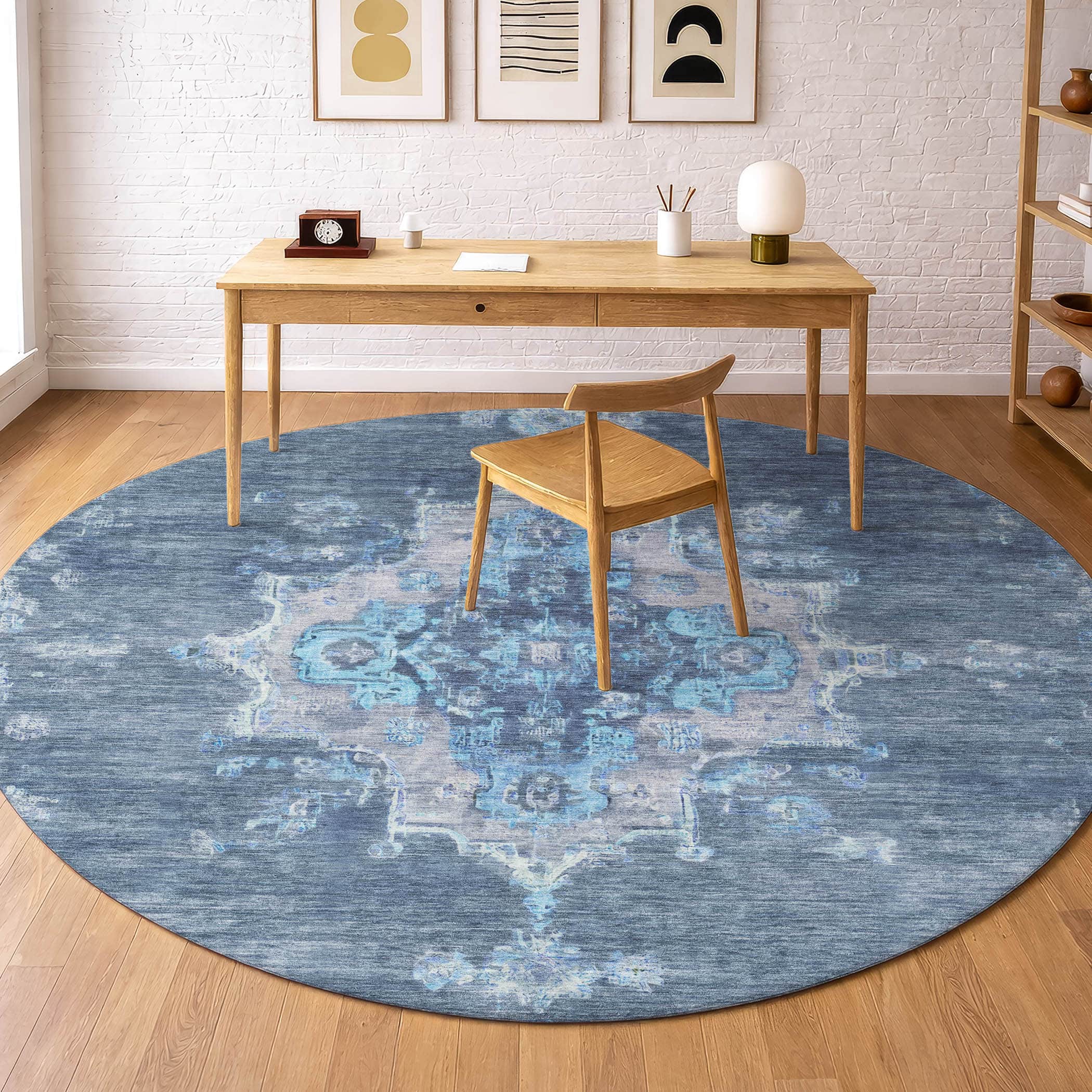 Kotor Machine Washable Traditional Blue Rug 8' x 8' #shape_Round