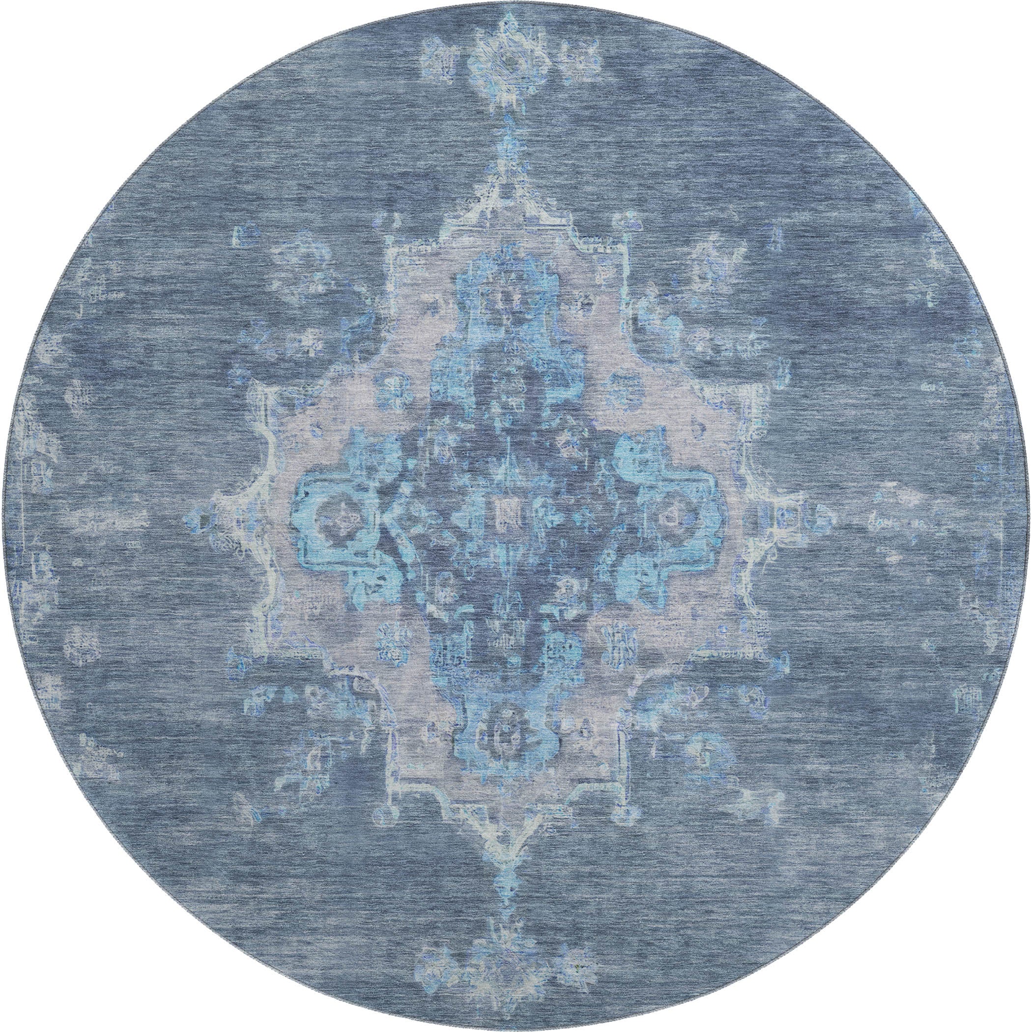 Kotor Machine Washable Traditional Blue Rug 8' x 8' #shape_Round