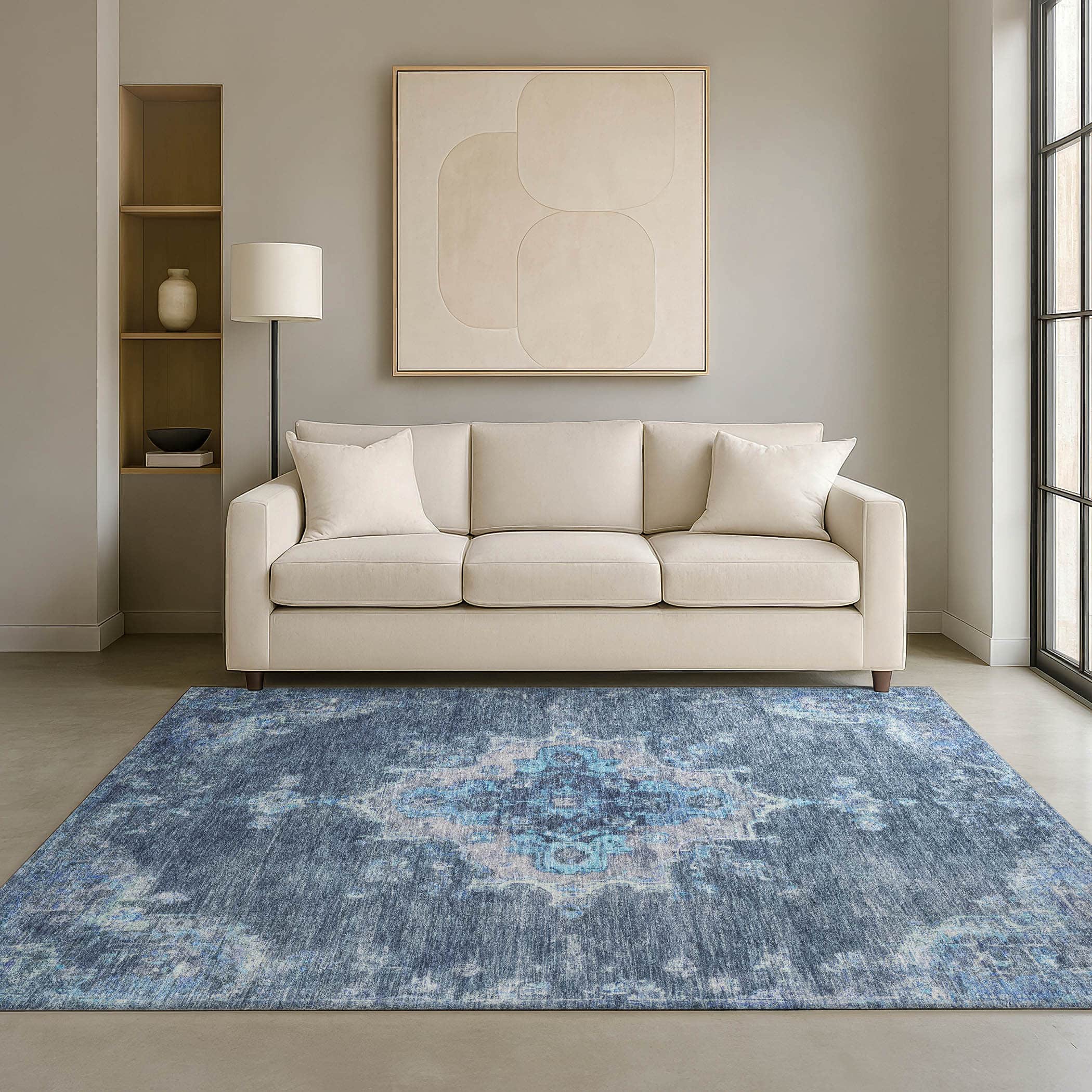 Kotor Machine Washable Traditional Blue Rug 3' x 5' #shape_Rectangle
