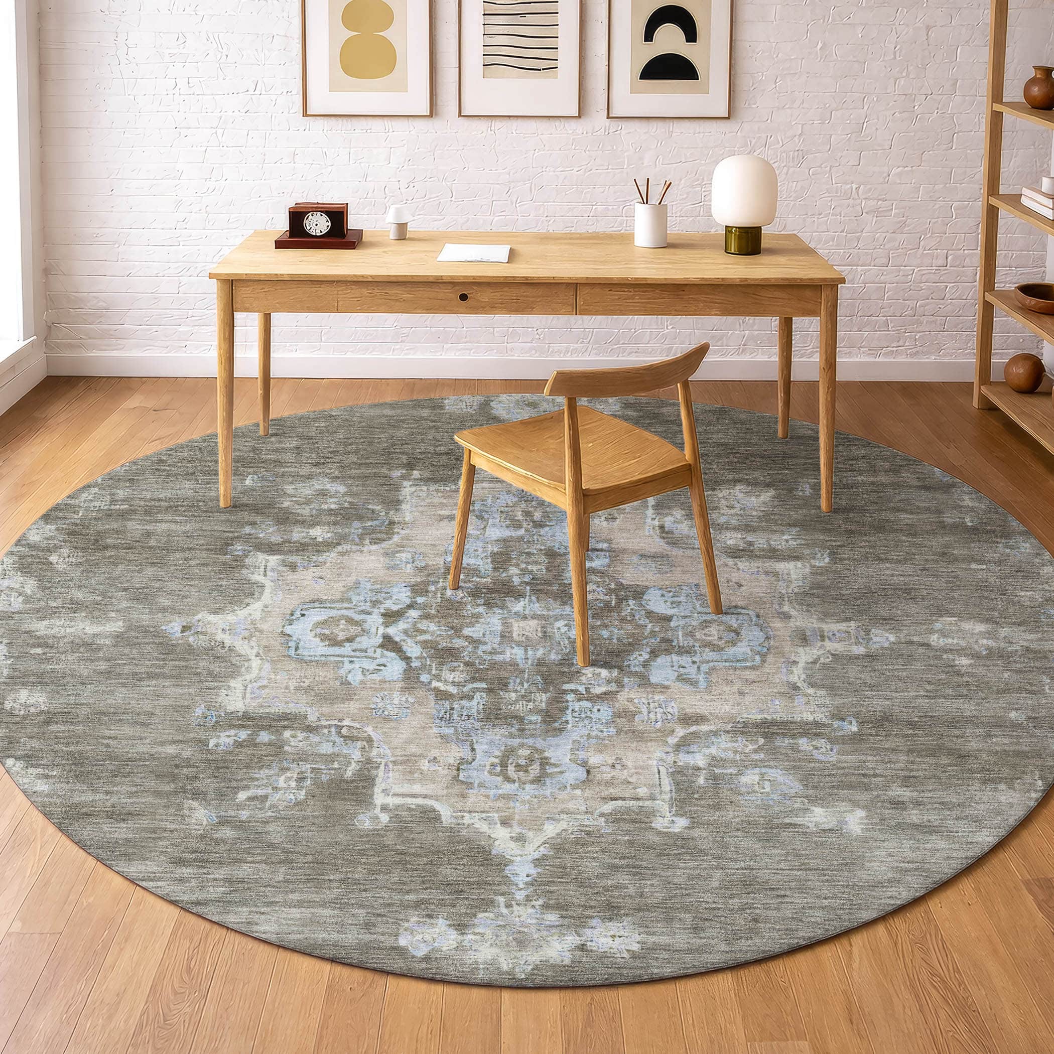 Kotor Machine Washable Traditional Brown Rug 8' x 8' #shape_Round