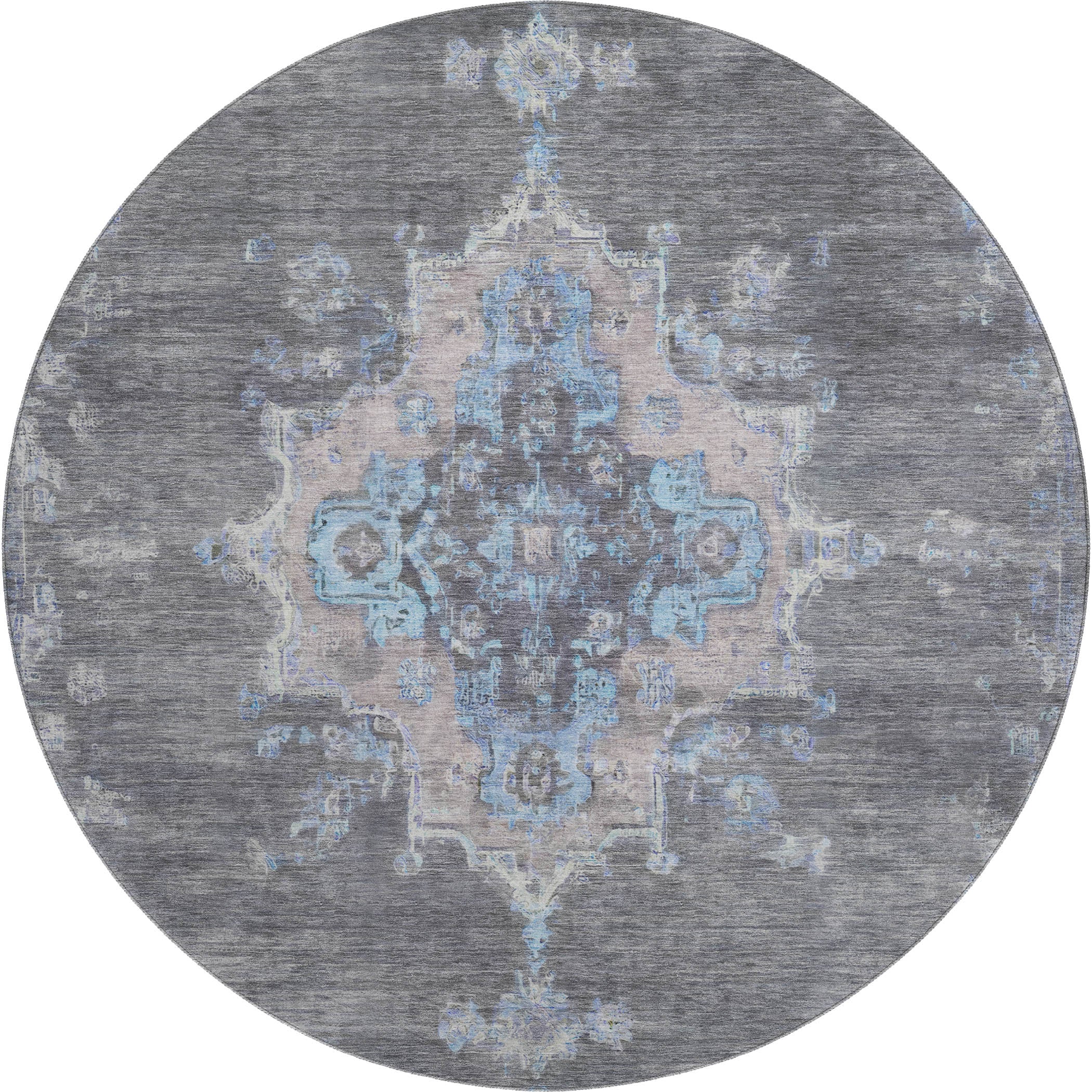 Kotor Machine Washable Traditional Graphite Gray Rug 8' x 8' #shape_Round