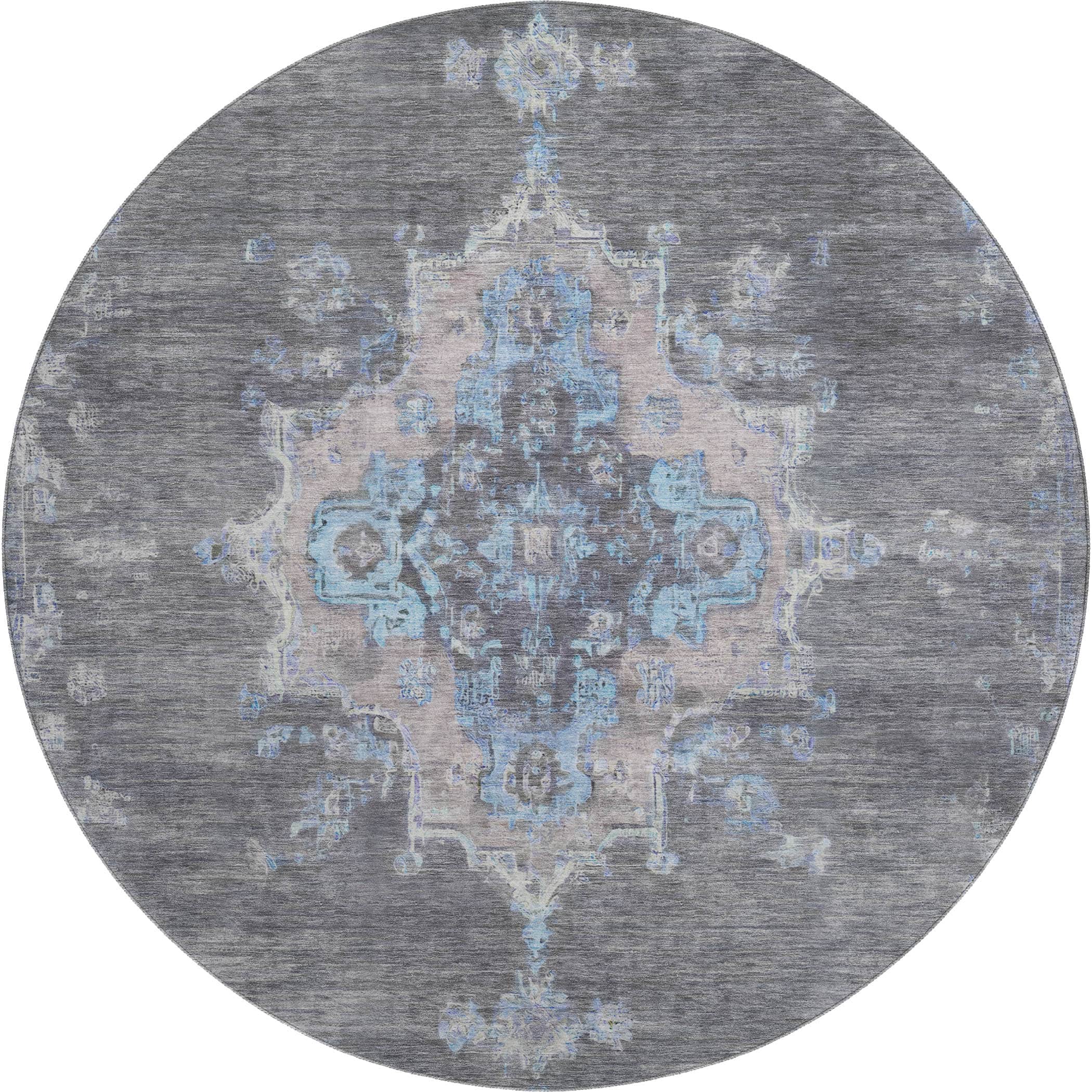 Kotor Machine Washable Traditional Graphite Gray Rug 8' x 8' #shape_Round