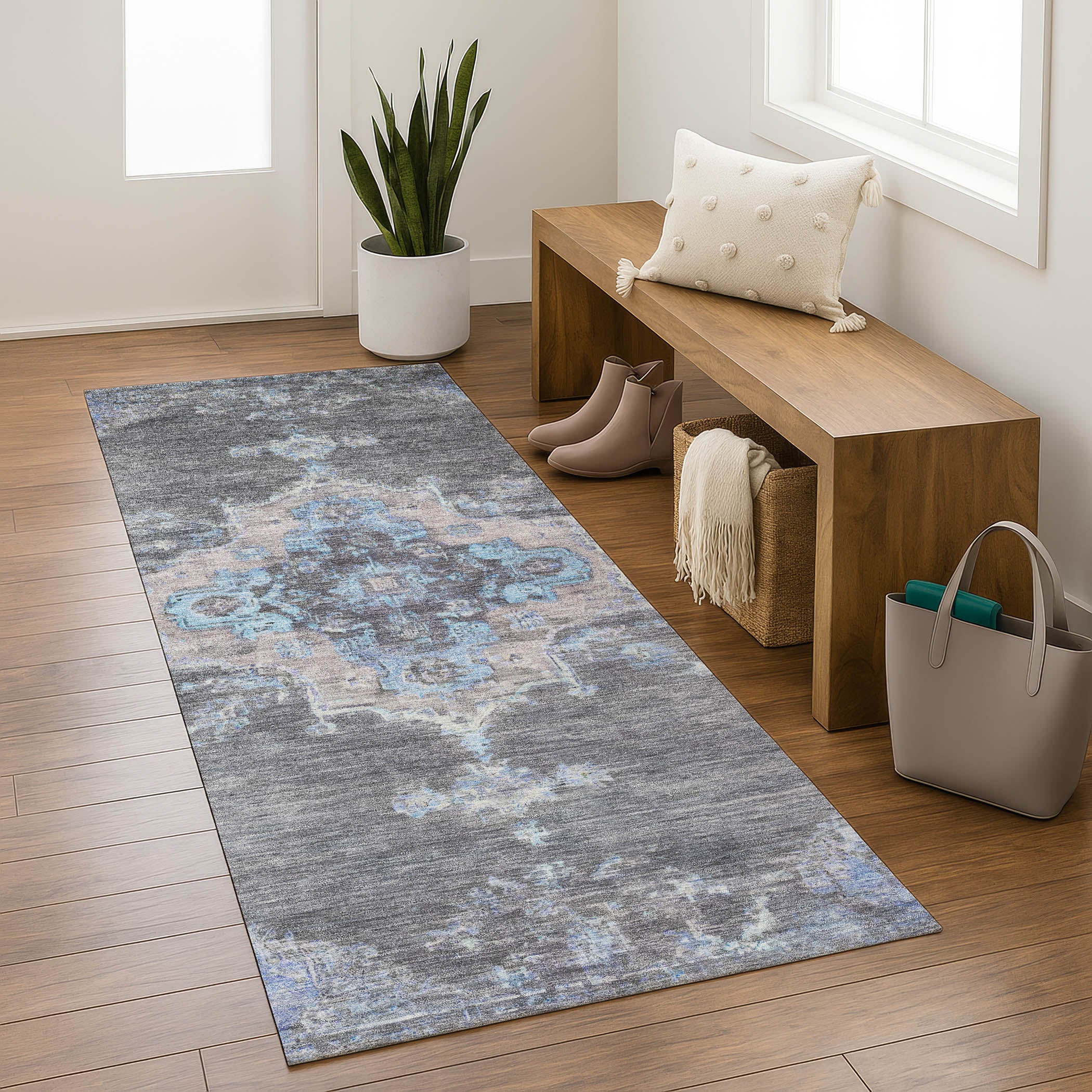 Kotor Machine Washable Traditional Graphite Gray Rug 2'3" x 7'6" #shape_Runner