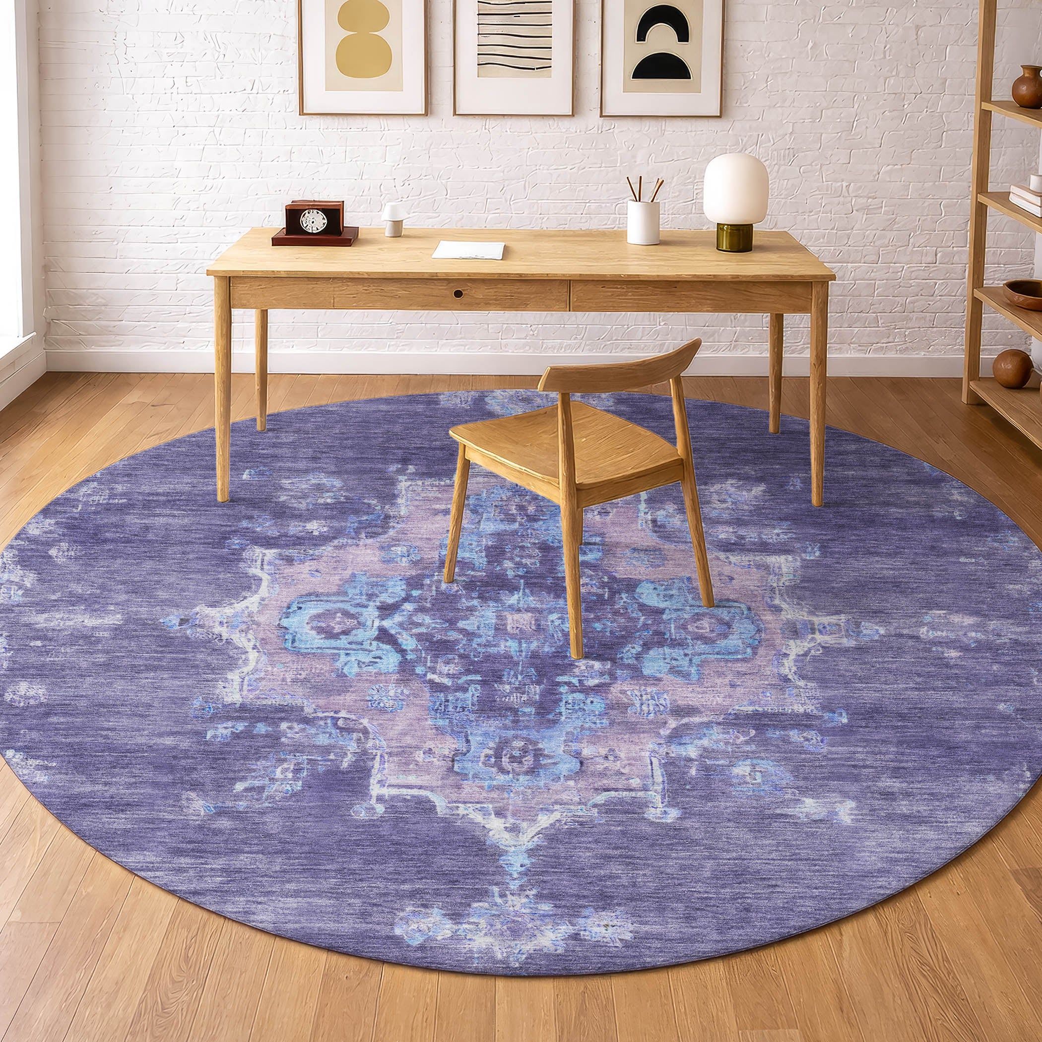 Kotor Machine Washable Traditional Purple Rug 8' x 8' #shape_Round