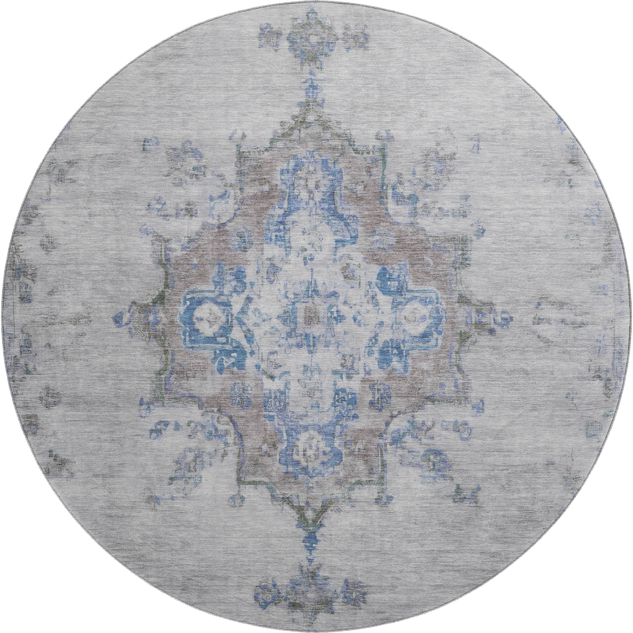 Kotor Machine Washable Traditional Silver Gray Rug 8' x 8' #shape_Round