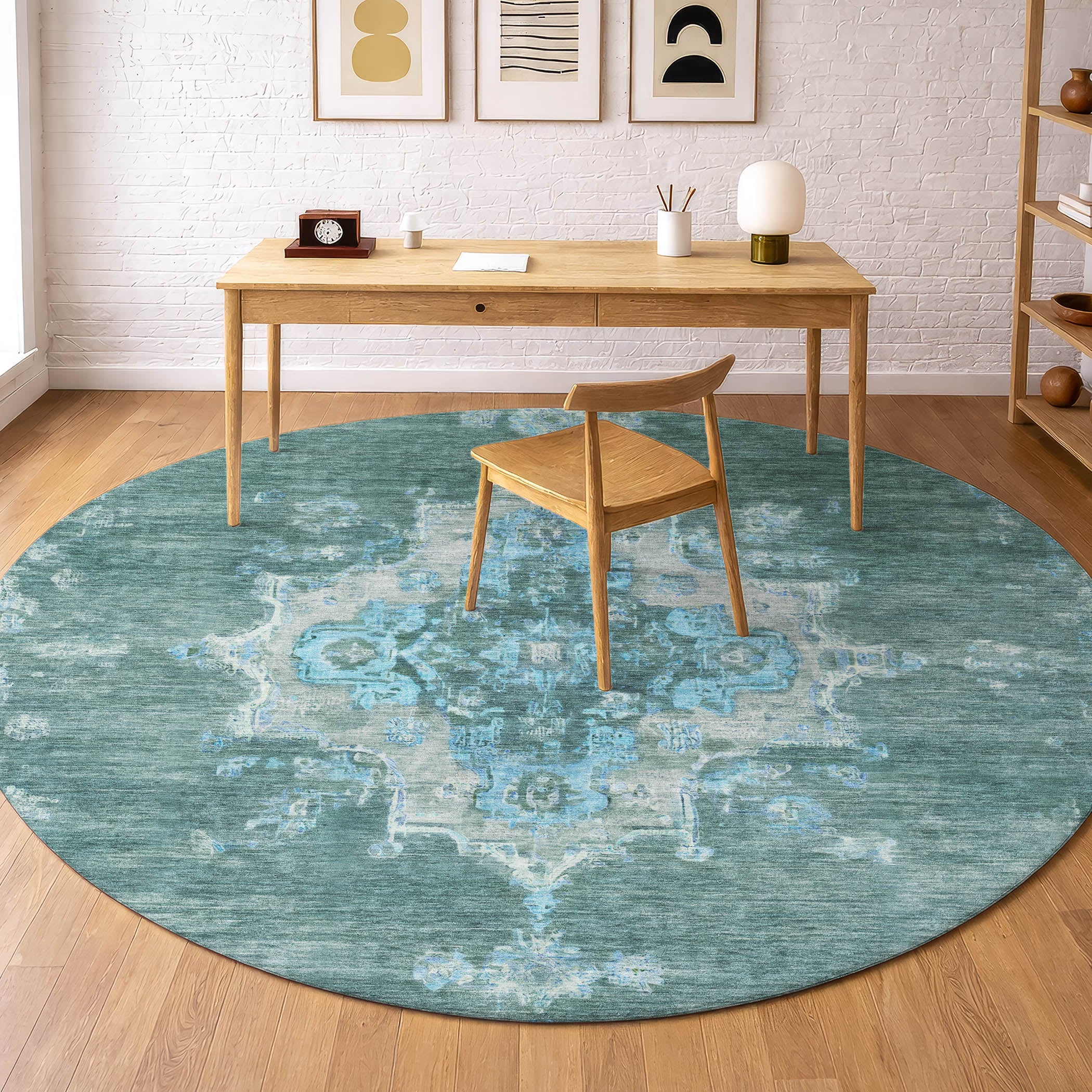 Kotor Machine Washable Traditional Teal Rug 8' x 8' #shape_Round