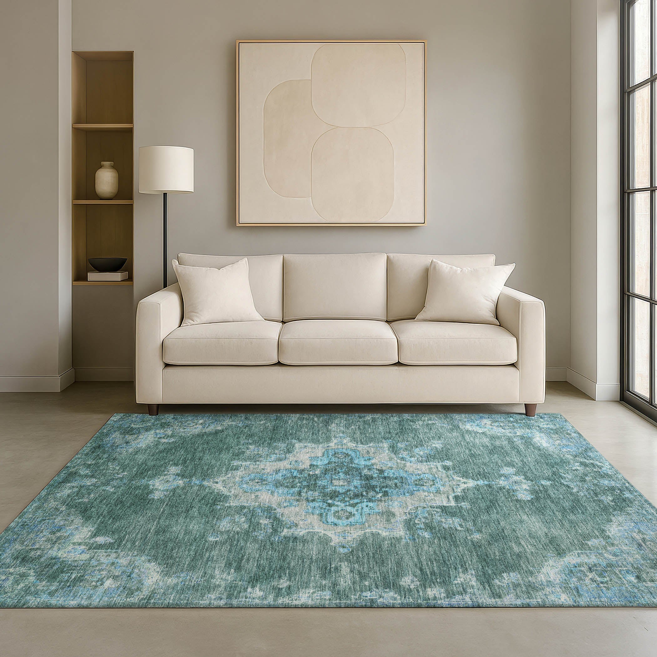 Kotor Machine Washable Traditional Teal Rug 3' x 5' #shape_Rectangle