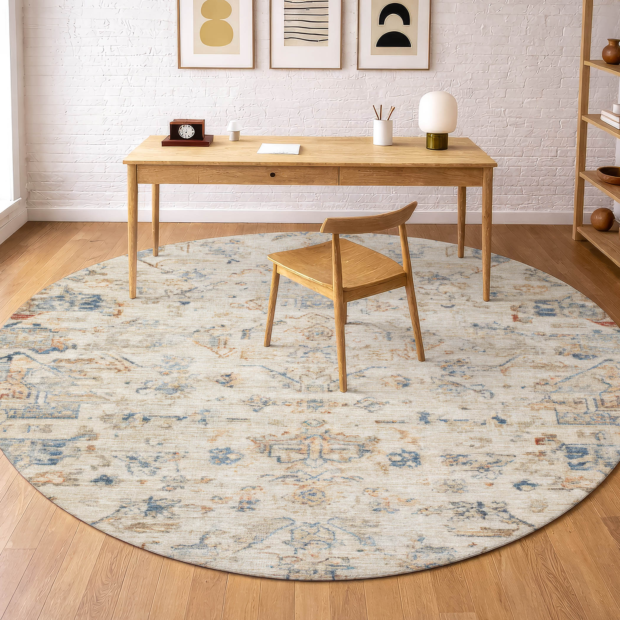 Oaxaca Machine Washable Traditional Beige Brown Rug 8' x 8' #shape_Round