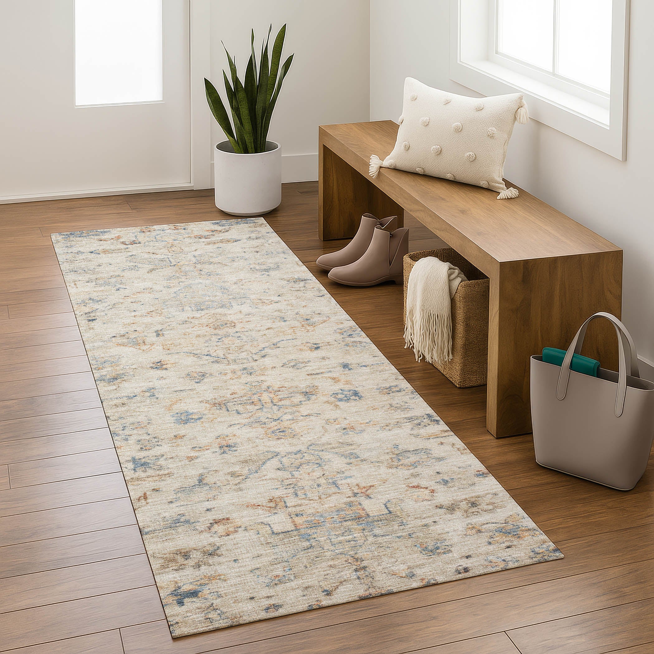 Oaxaca Machine Washable Traditional Beige Brown Rug 2'3" x 7'6" #shape_Runner