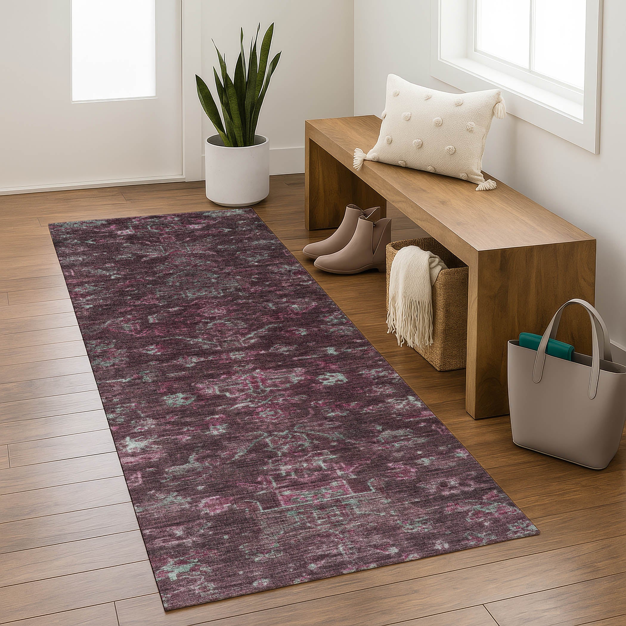 Oaxaca Machine Washable Traditional Burgundy Red Rug 2'3" x 7'6" #shape_Runner