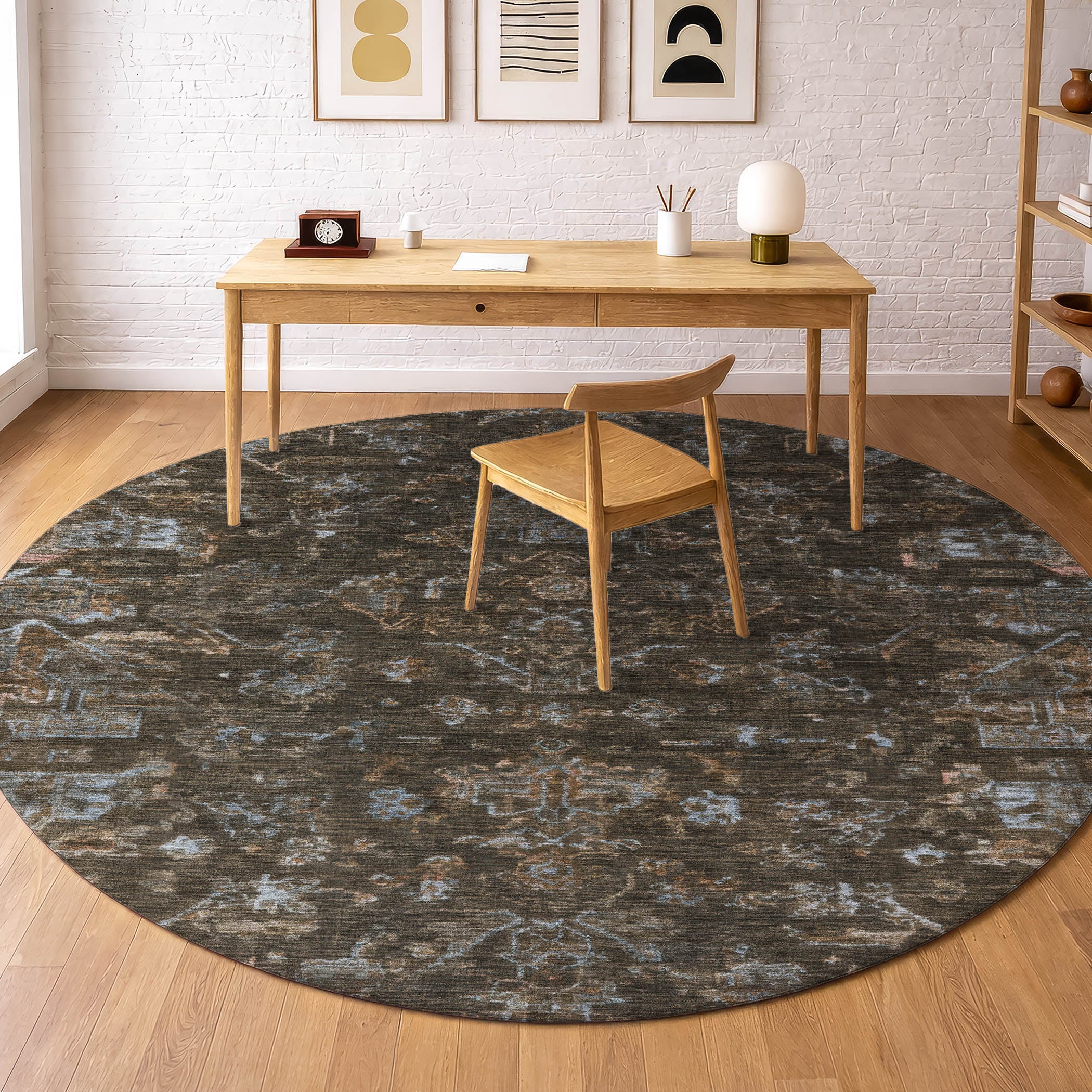 Oaxaca Machine Washable Traditional Chocolate Brown Rug 8' x 8' #shape_Round