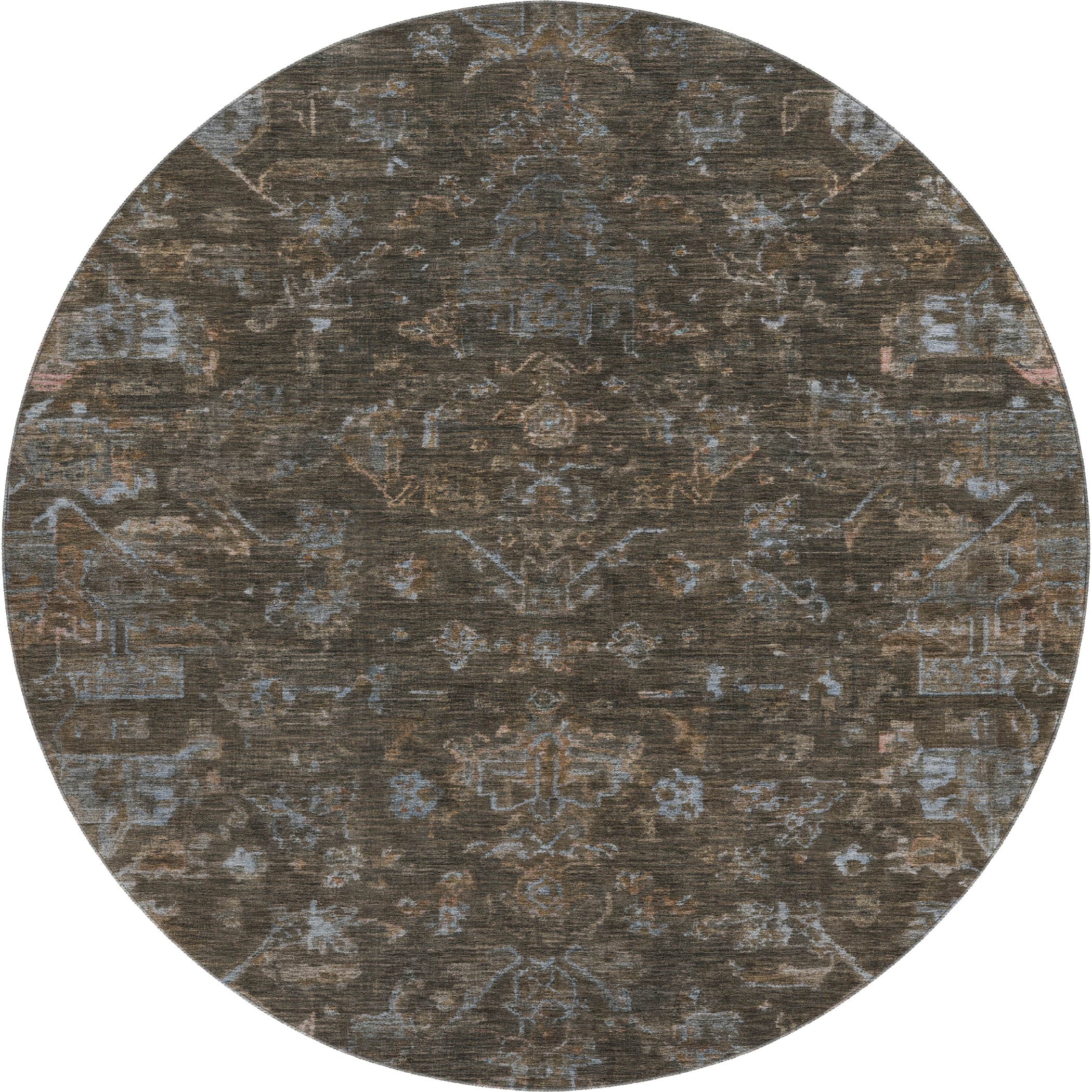 Oaxaca Machine Washable Traditional Chocolate Brown Rug 8' x 8' #shape_Round