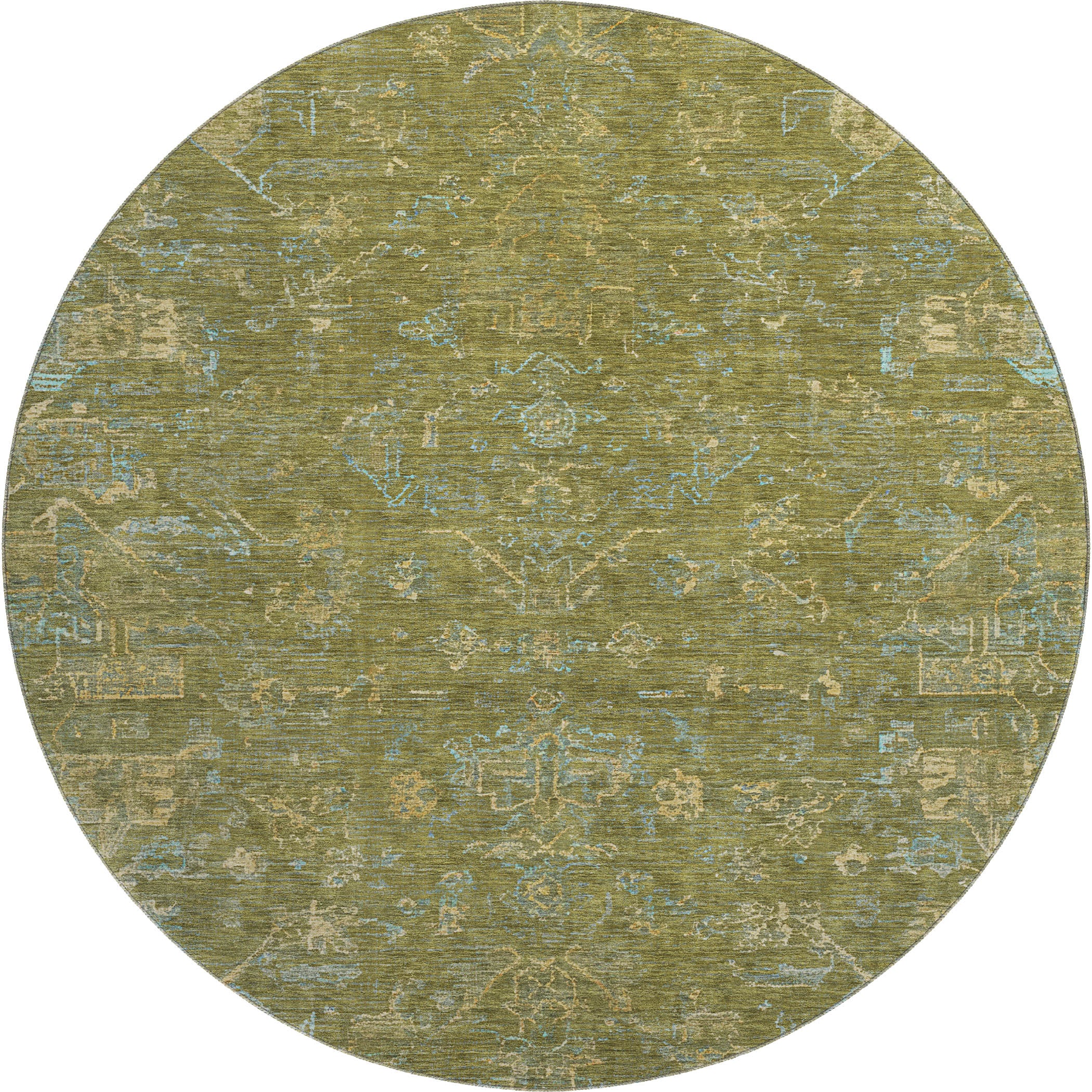 Oaxaca Machine Washable Traditional Fern Green Rug 8' x 8' #shape_Round