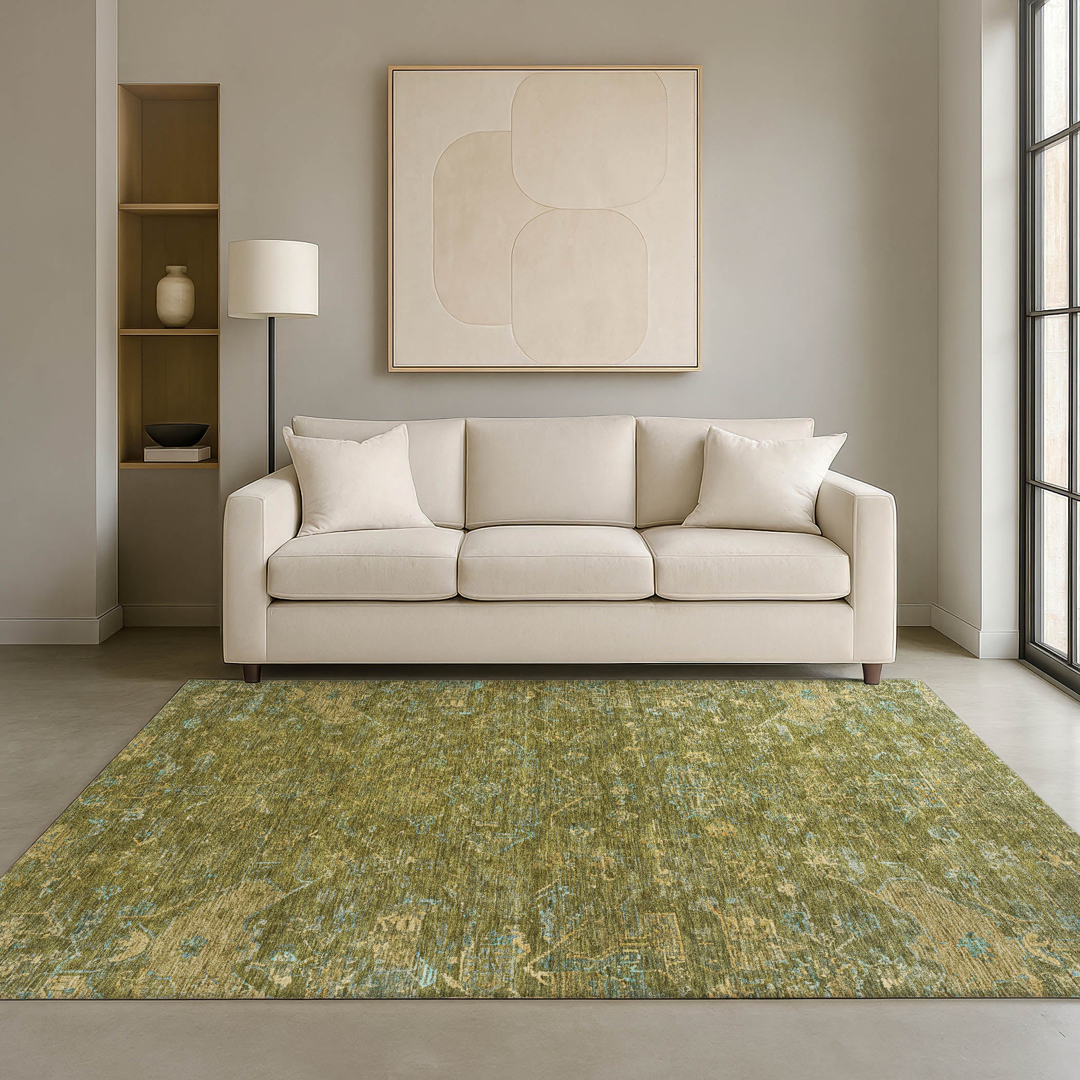 Oaxaca Machine Washable Traditional Fern Green Rug 3' x 5' #shape_Rectangle