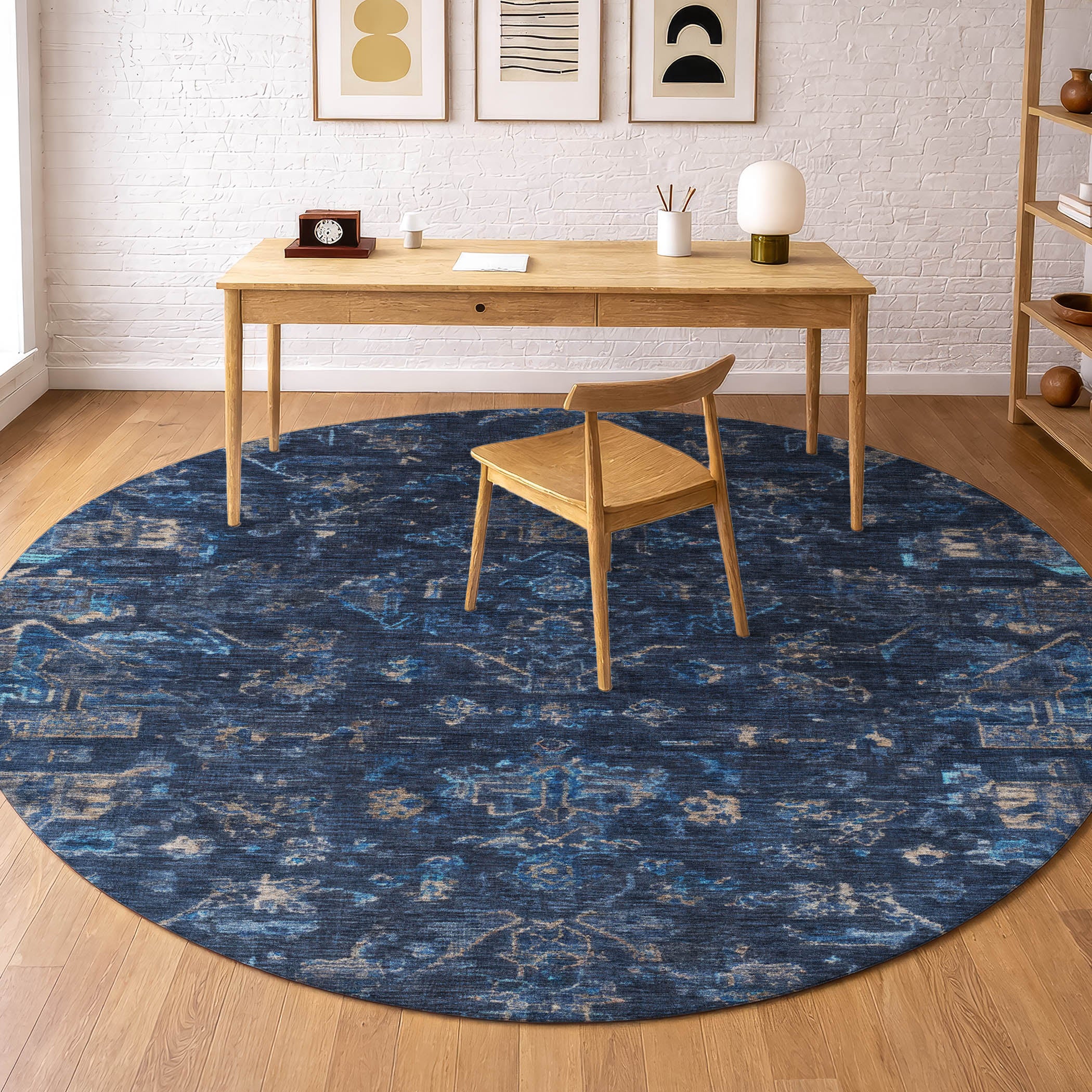 Oaxaca Machine Washable Traditional Navy Blue Rug 8' x 8' #shape_Round
