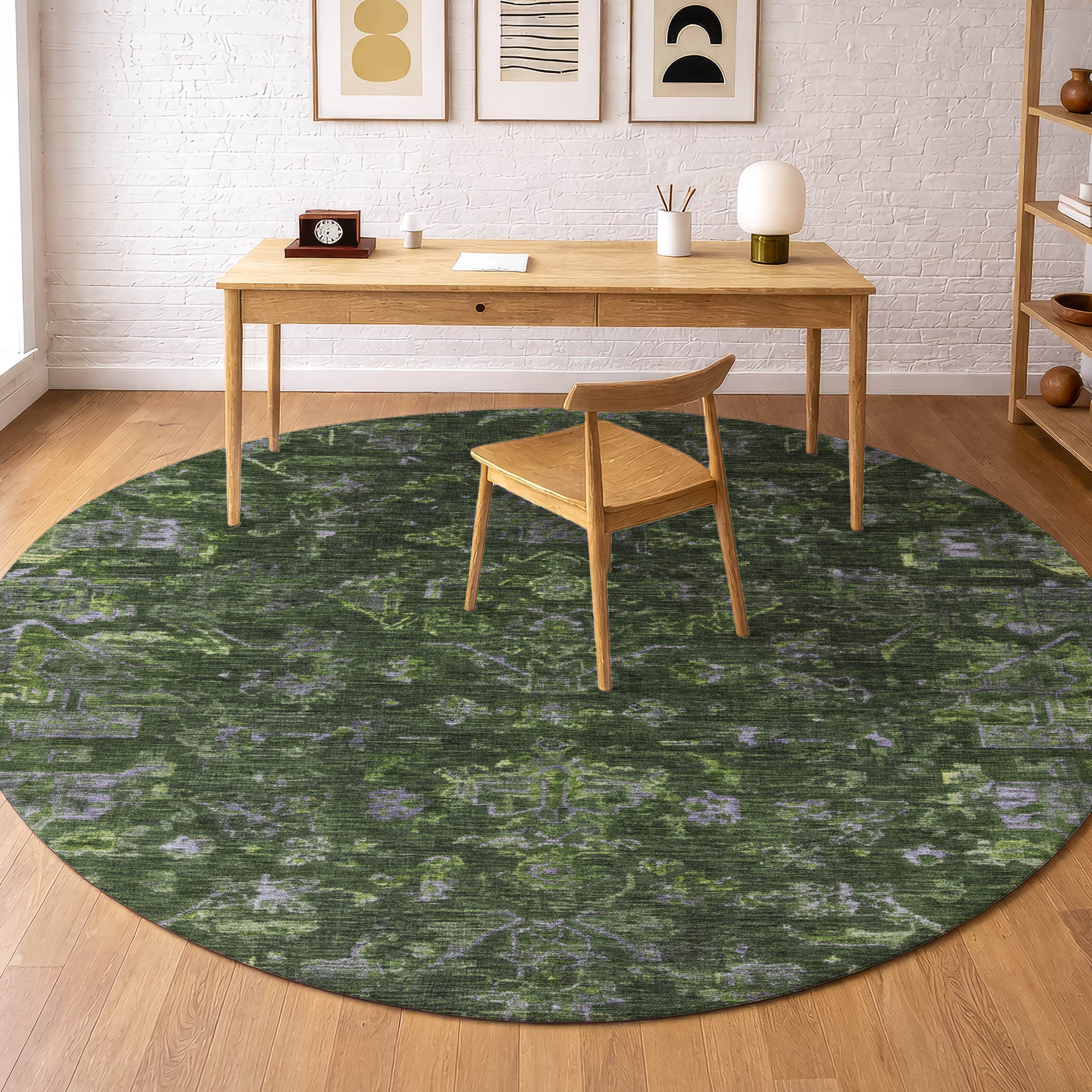 Oaxaca Machine Washable Traditional Olive Green Rug 8' x 8' #shape_Round
