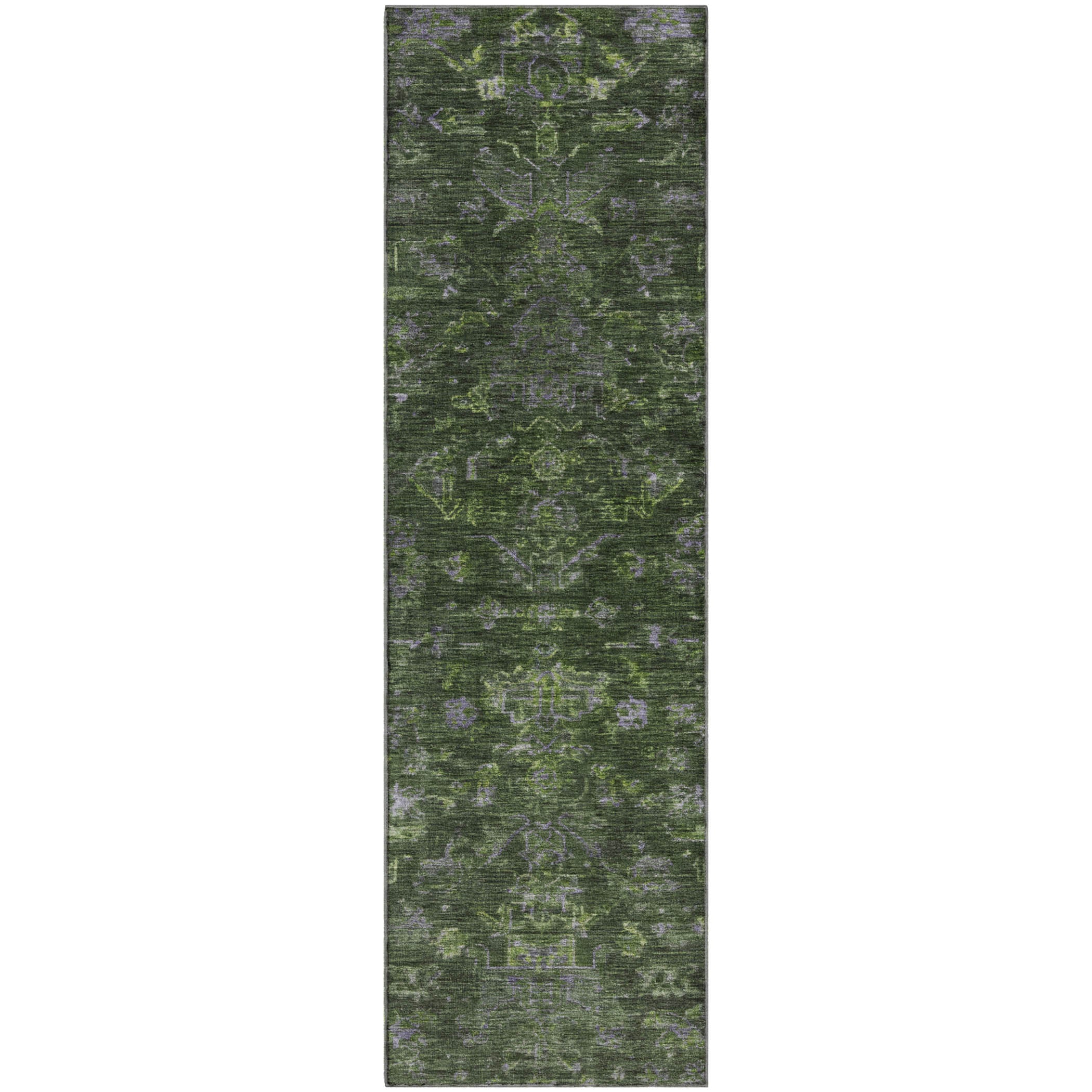 Oaxaca Machine Washable Traditional Olive Green Rug 2'3" x 7'6" #shape_Runner