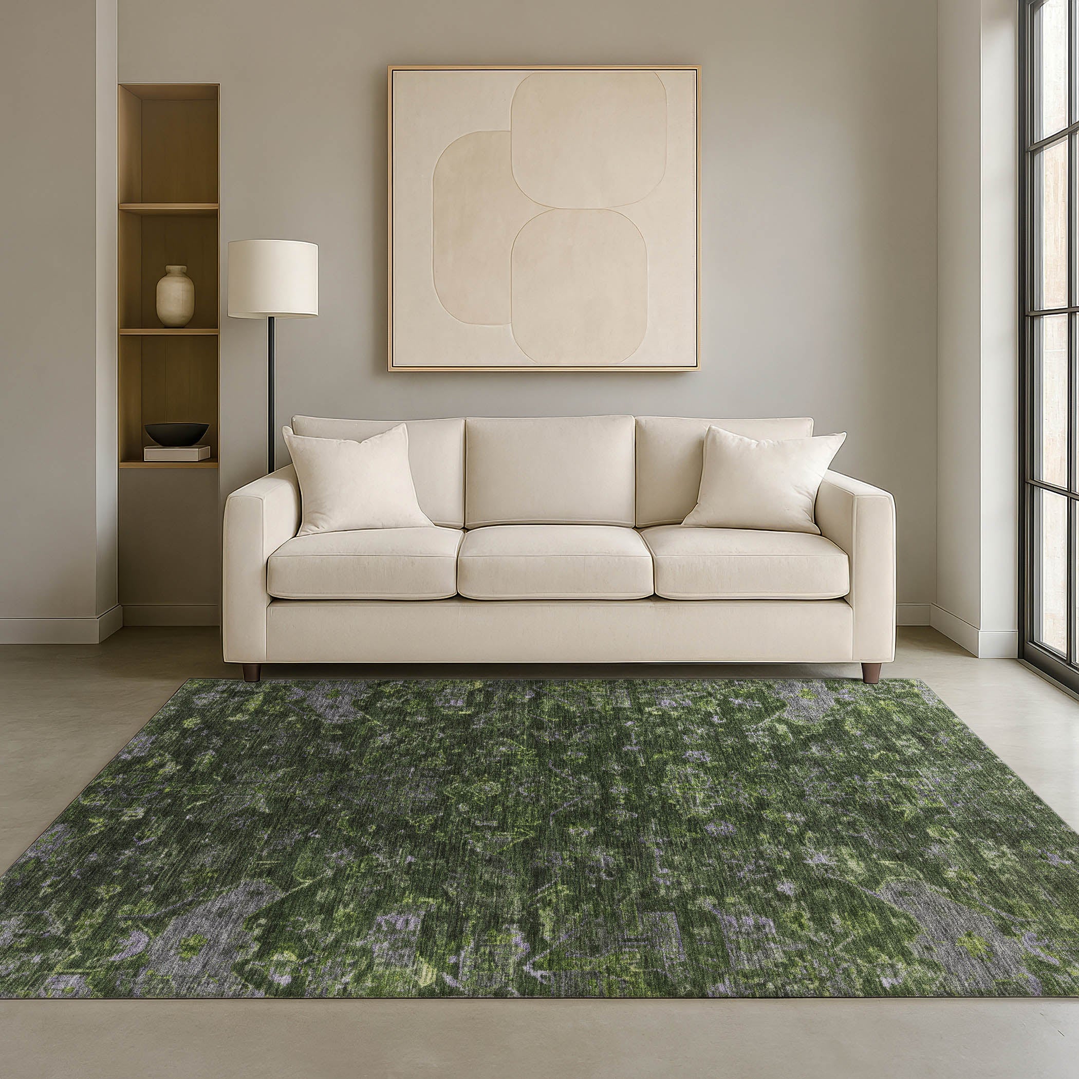 Oaxaca Machine Washable Traditional Olive Green Rug 3' x 5' #shape_Rectangle