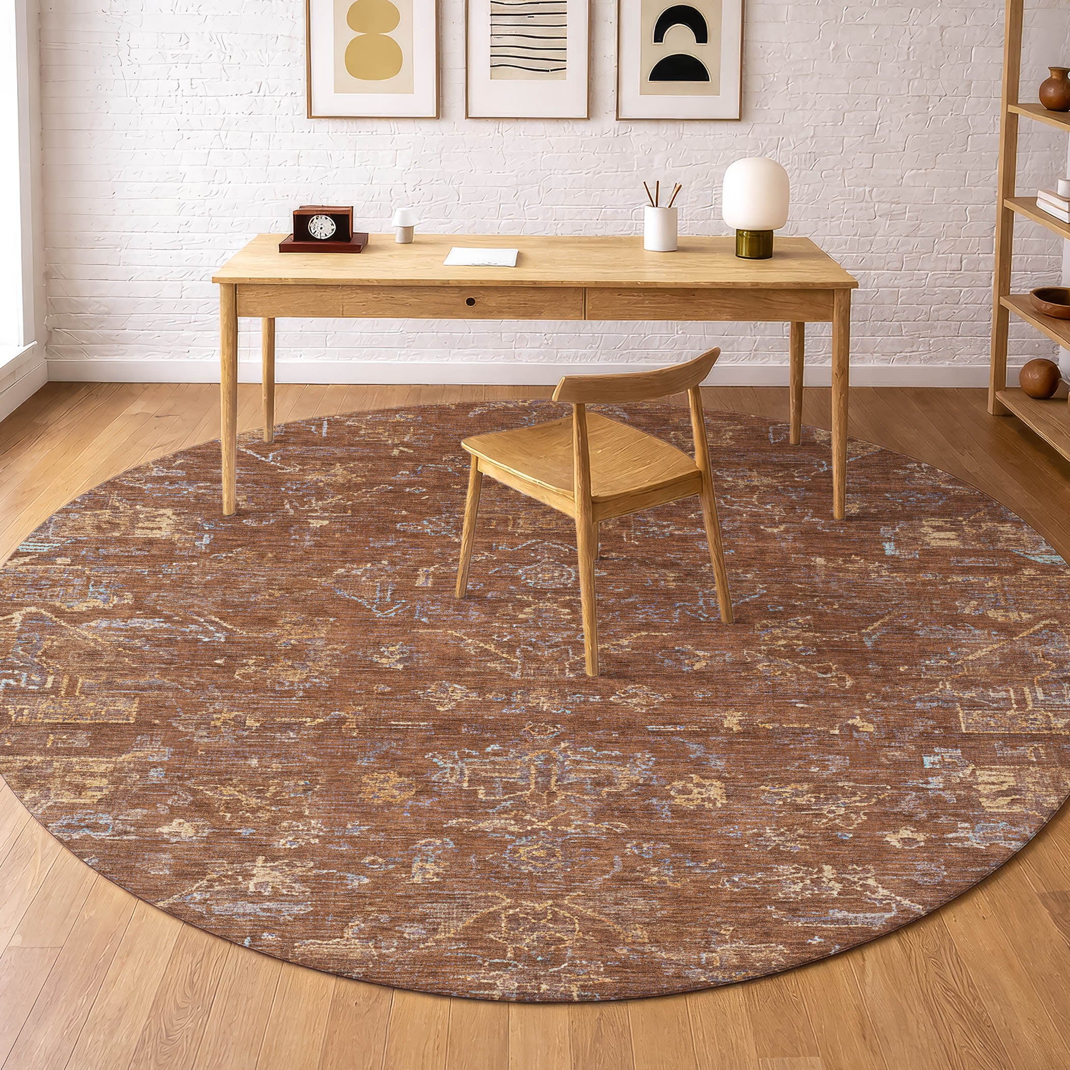 Oaxaca Machine Washable Traditional Paprika Orange Rug 8' x 8' #shape_Round