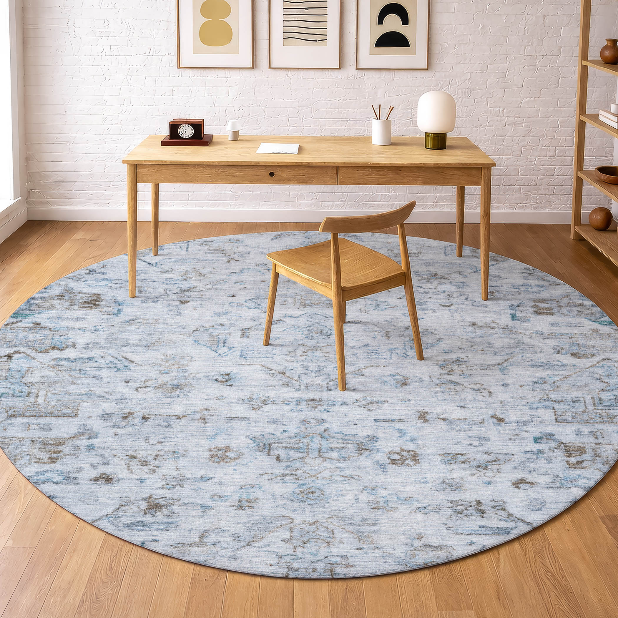 Oaxaca Machine Washable Traditional Sky Blue Rug 8' x 8' #shape_Round