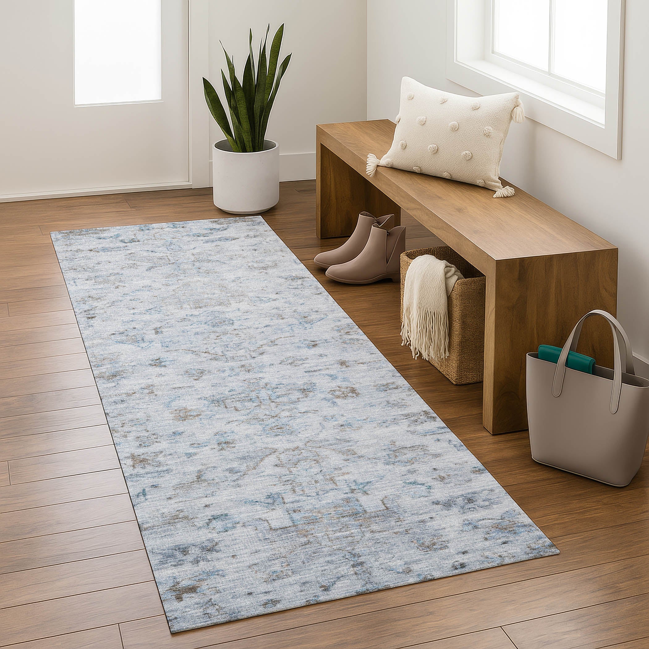 Oaxaca Machine Washable Traditional Sky Blue Rug 2'3" x 7'6" #shape_Runner