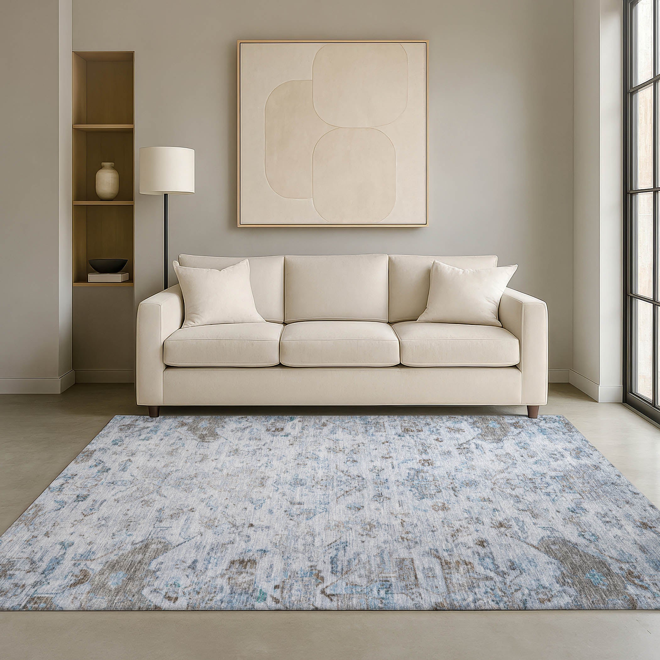 Oaxaca Machine Washable Traditional Sky Blue Rug 3' x 5' #shape_Rectangle