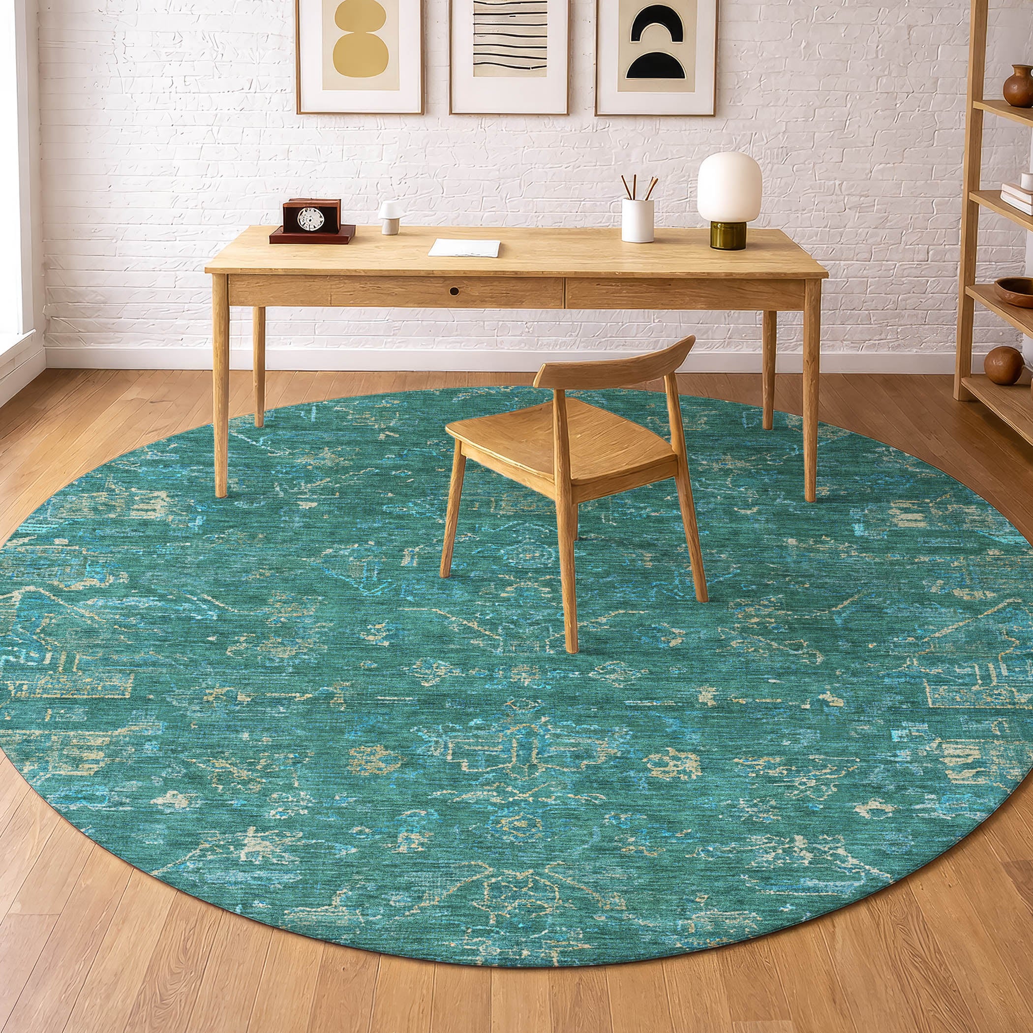 Oaxaca Machine Washable Traditional Teal Rug 8' x 8' #shape_Round