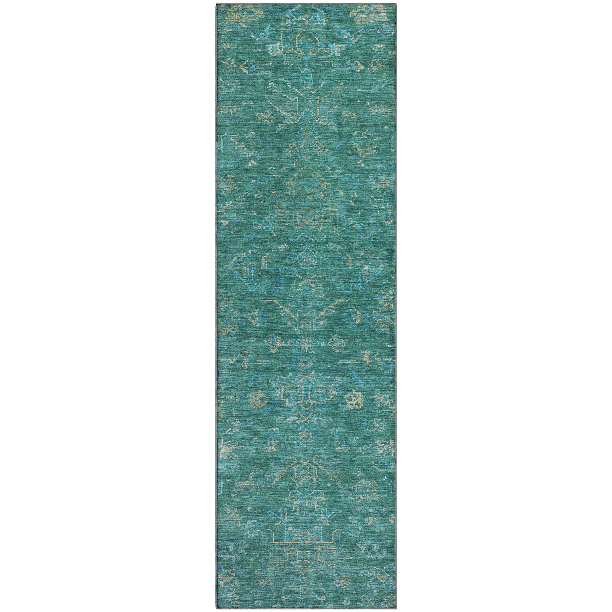 Oaxaca Machine Washable Traditional Teal Rug 2'3" x 7'6" #shape_Runner