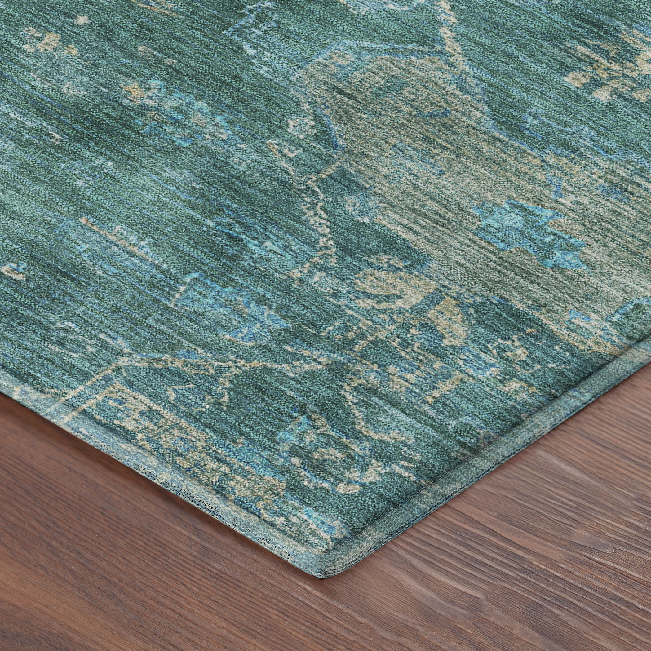 Oaxaca Machine Washable Traditional Teal Rug 1'8" x 2'6" #shape_Rectangle