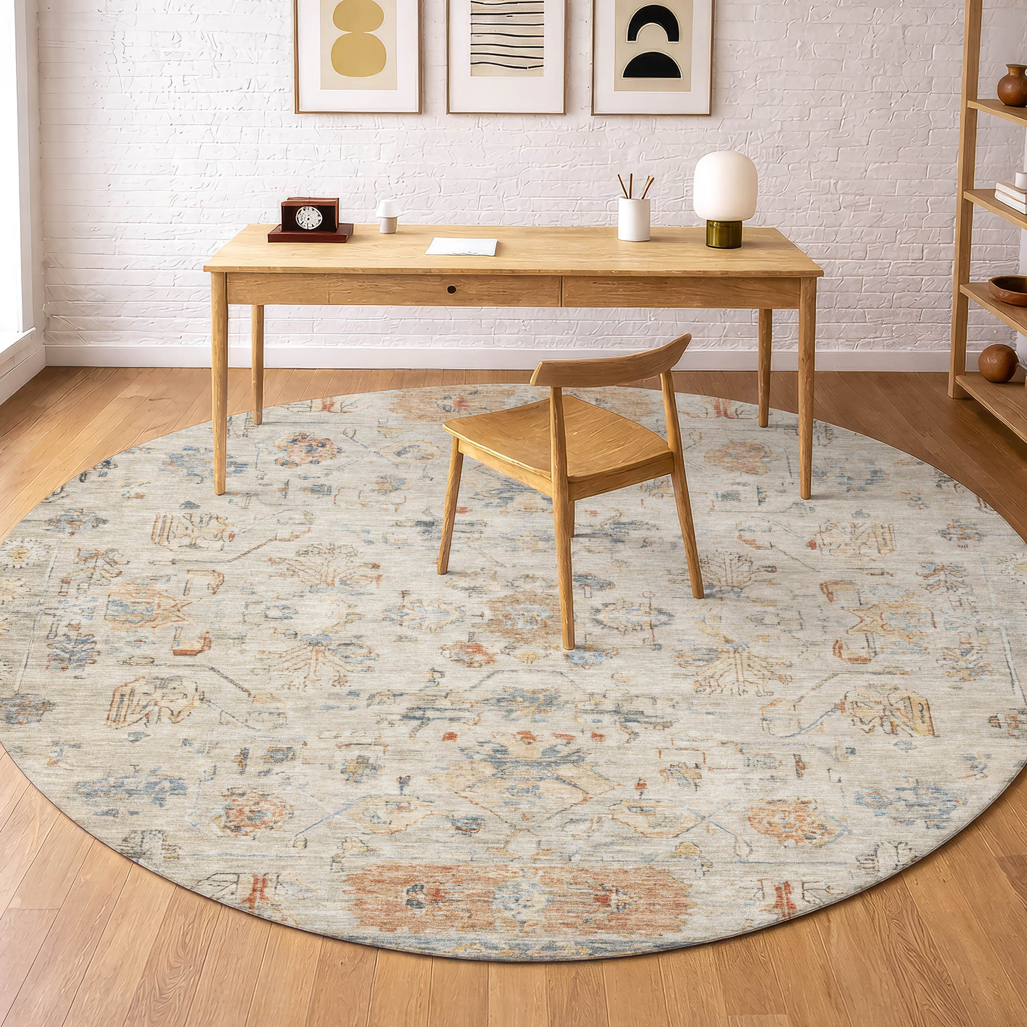 Florence Machine Washable Traditional Beige Brown Rug 8' x 8' #shape_Round