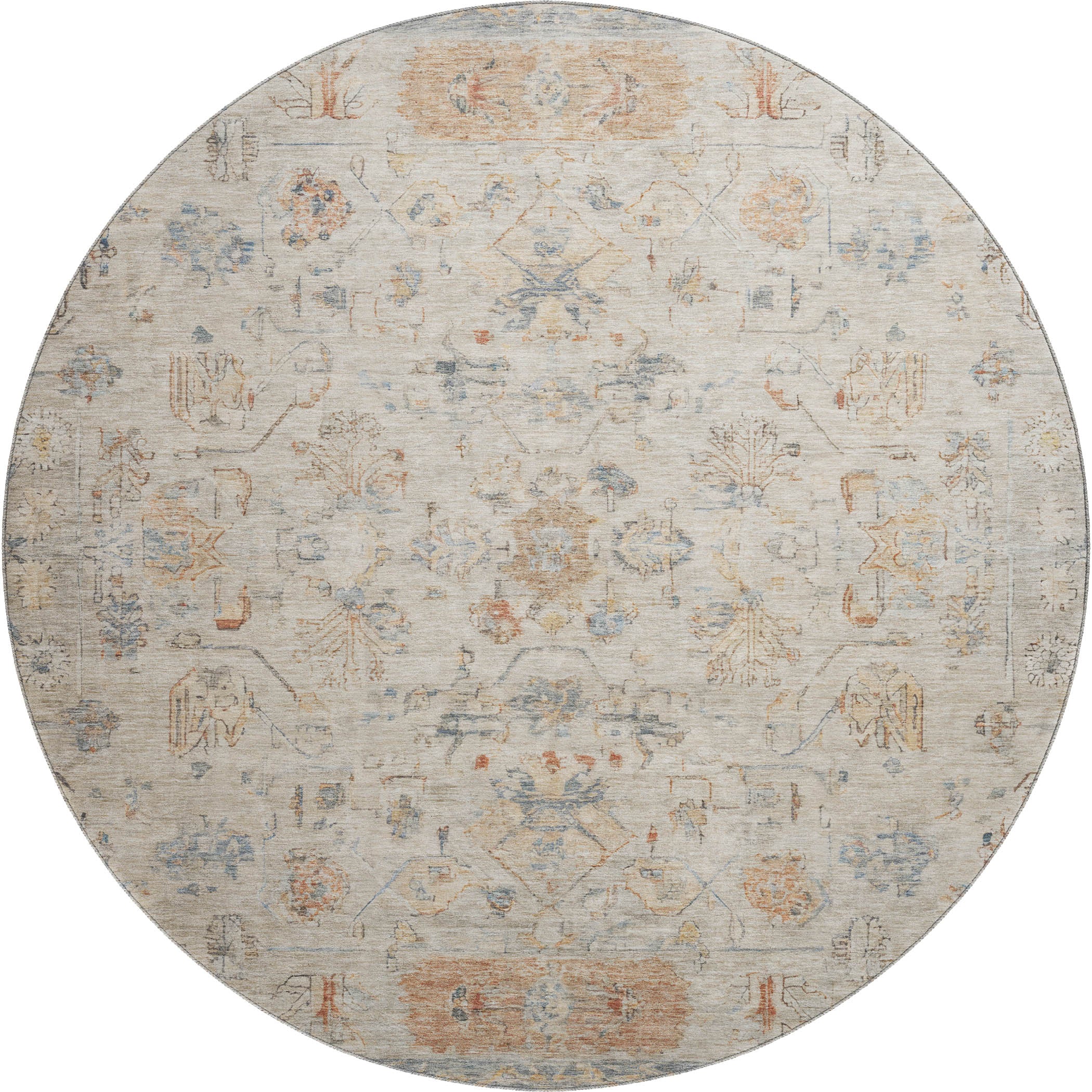 Florence Machine Washable Traditional Beige Brown Rug 8' x 8' #shape_Round