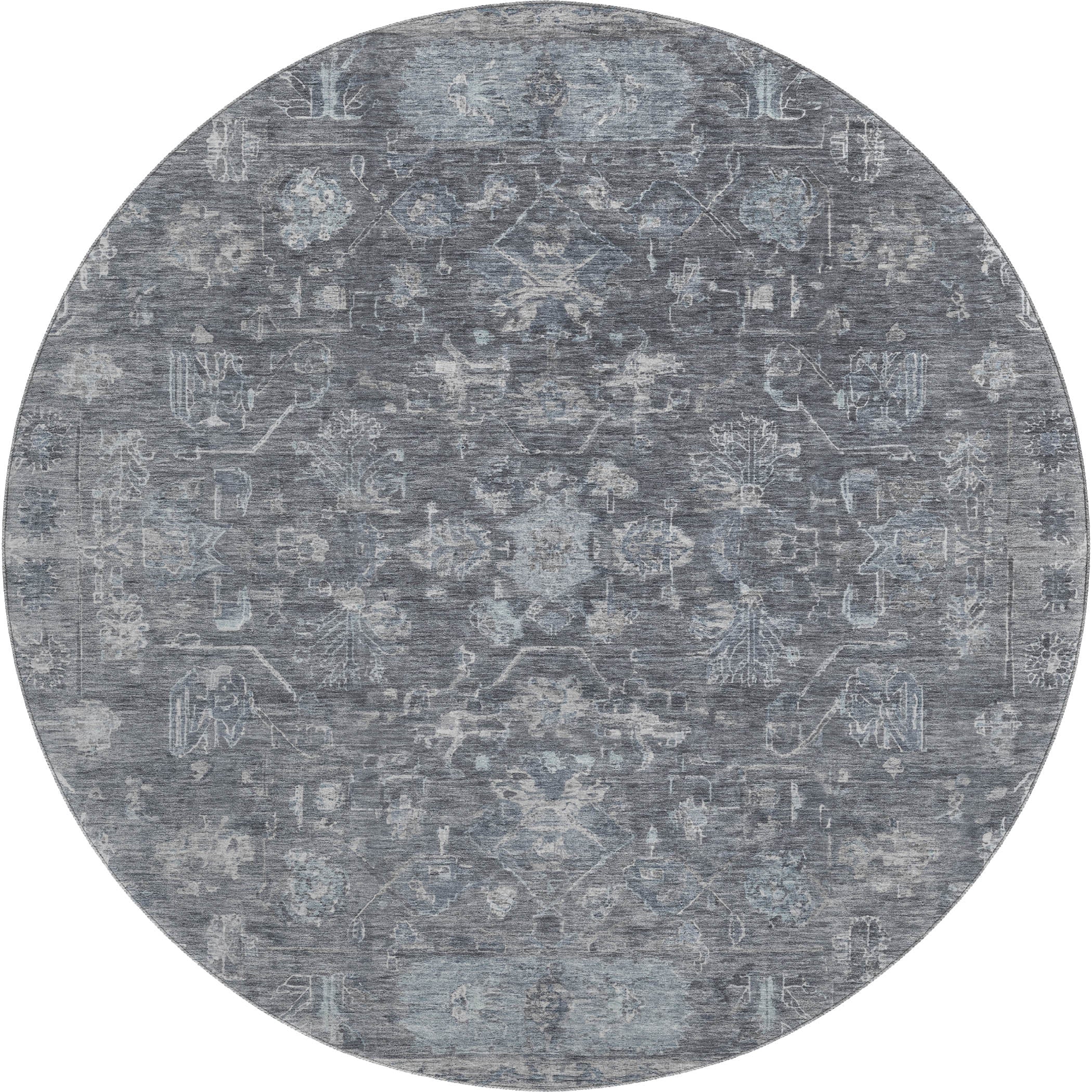 Florence Machine Washable Traditional Gray Rug 8' x 8' #shape_Round