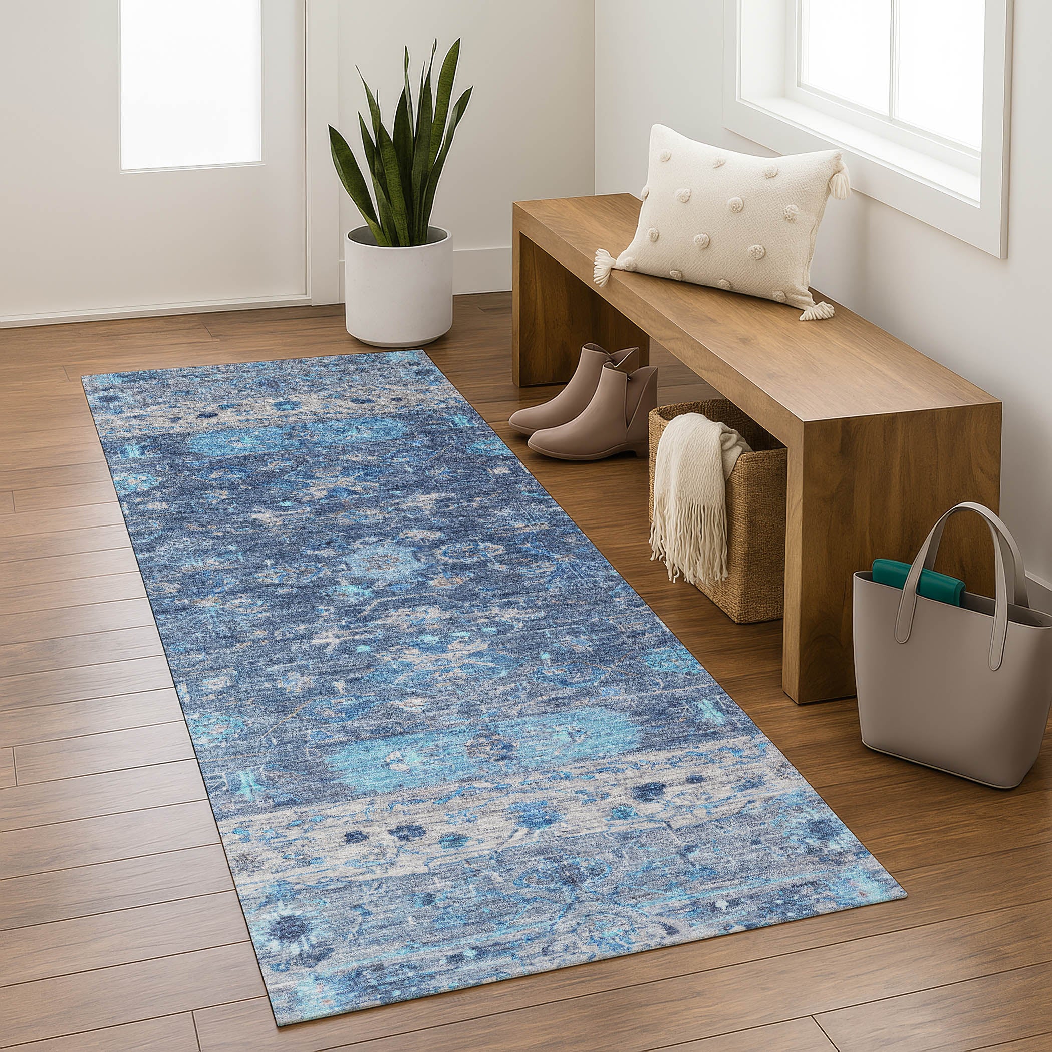 Florence Machine Washable Traditional Navy Blue Rug 2'3" x 7'6" #shape_Runner
