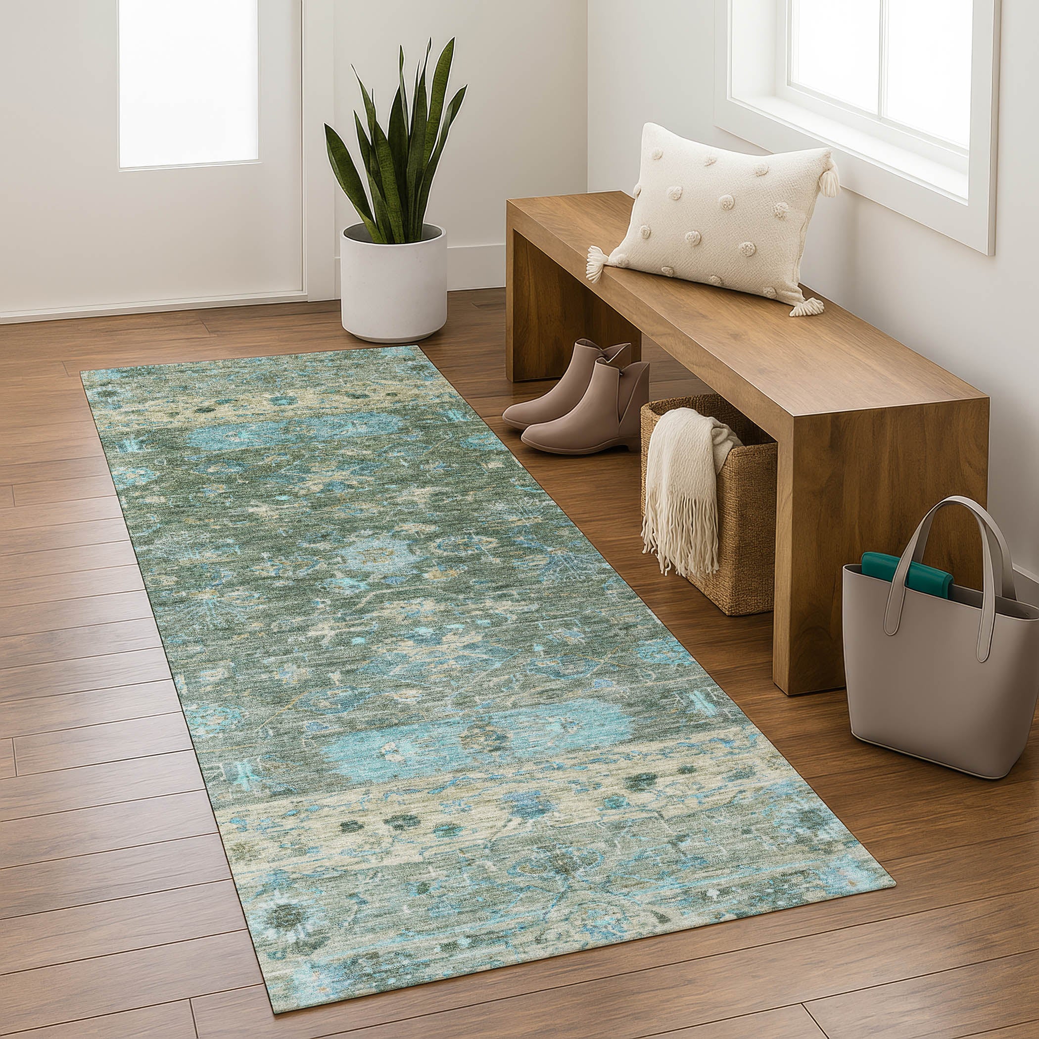 Florence Machine Washable Traditional Sage Green Rug 2'3" x 7'6" #shape_Runner