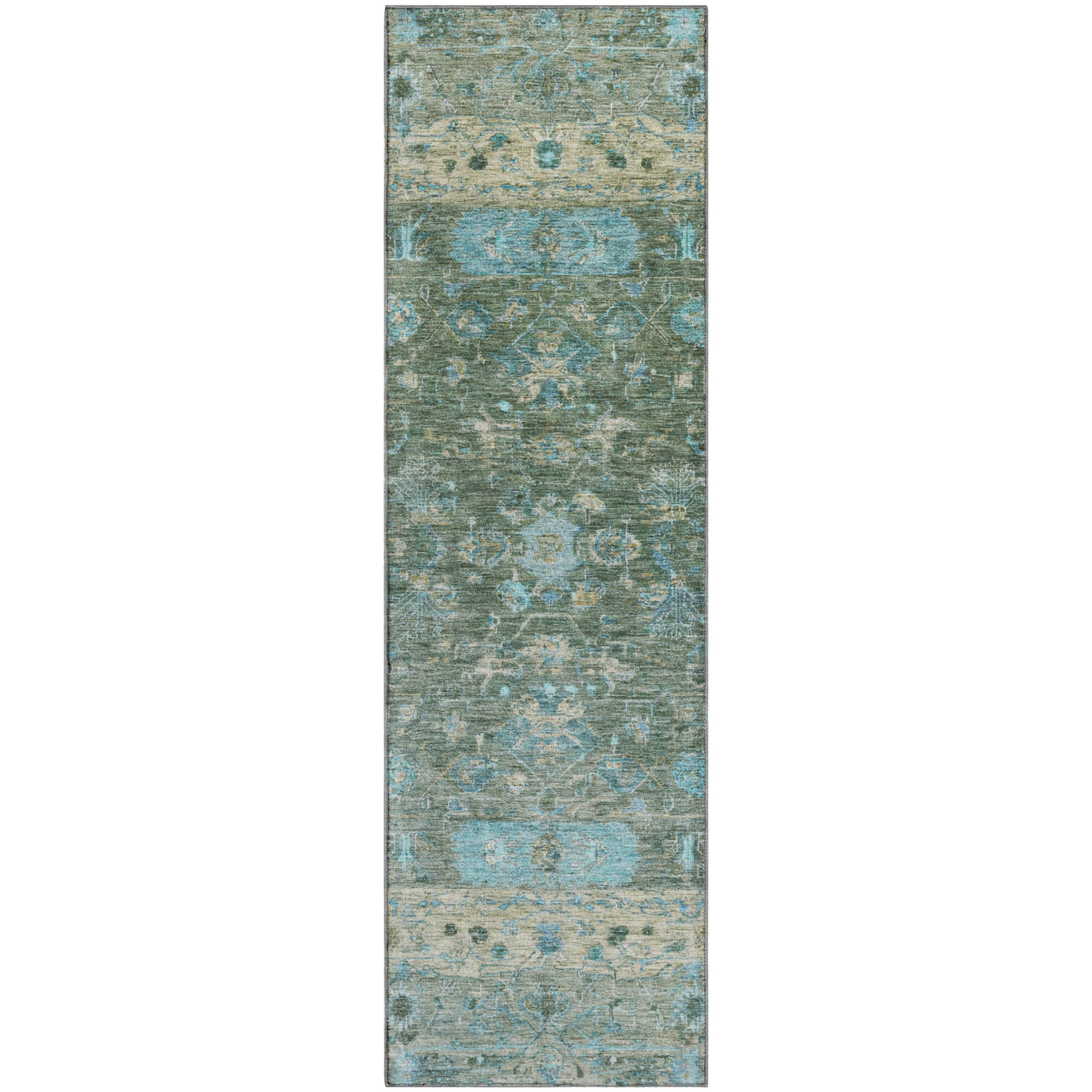 Florence Machine Washable Traditional Sage Green Rug 2'3" x 7'6" #shape_Runner
