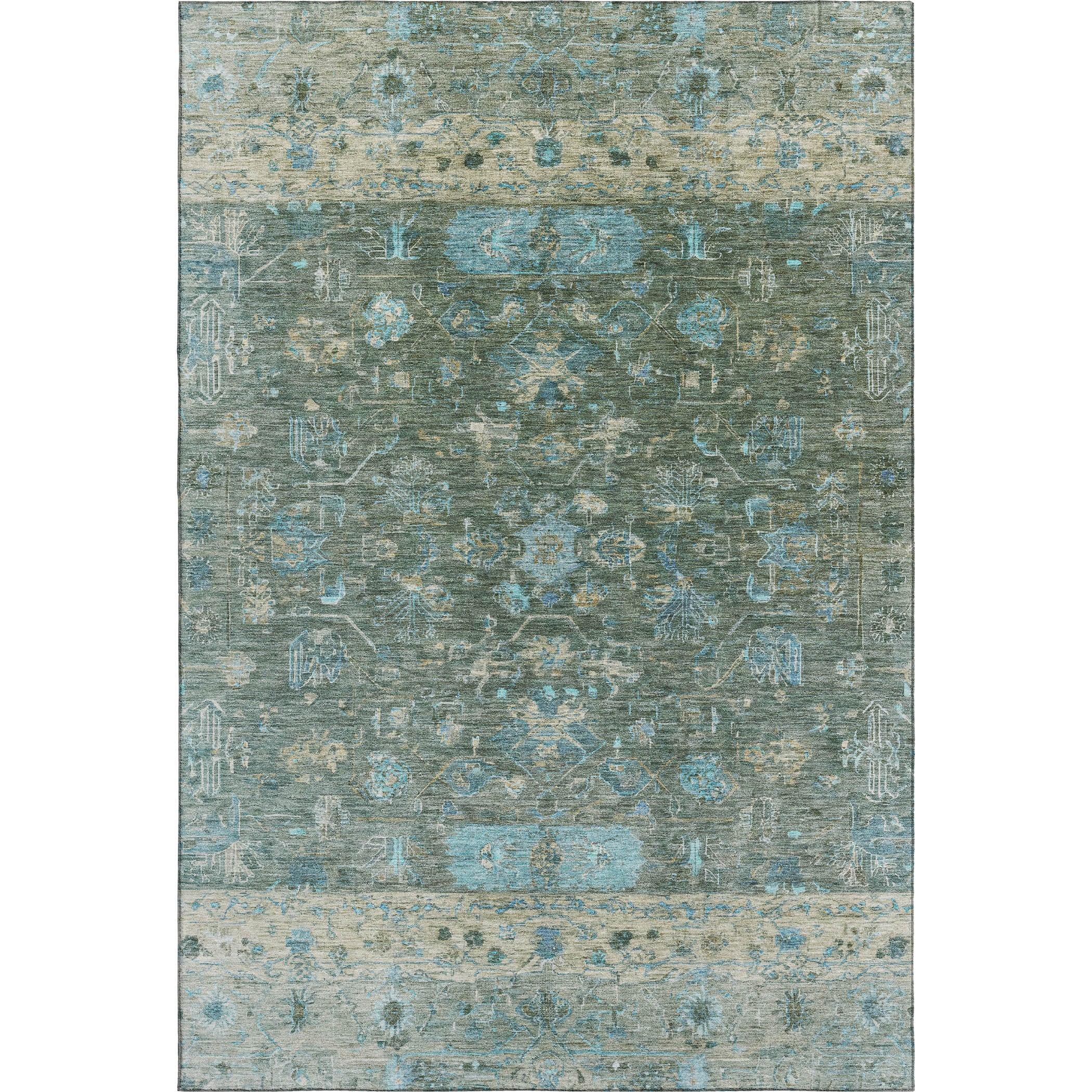 Florence Machine Washable Traditional Sage Green Rug 3' x 5' #shape_Rectangle