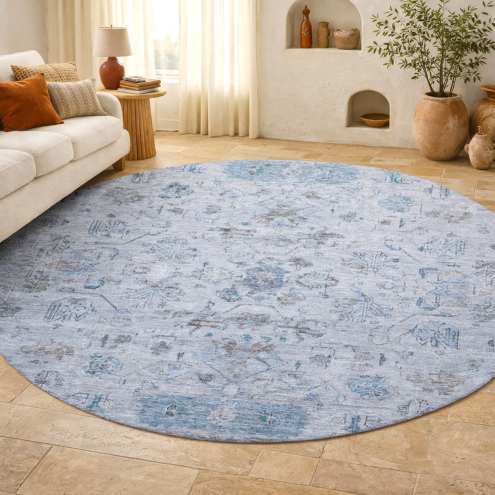 Florence Machine Washable Traditional Sky Blue Rug 8' x 8' #shape_Round