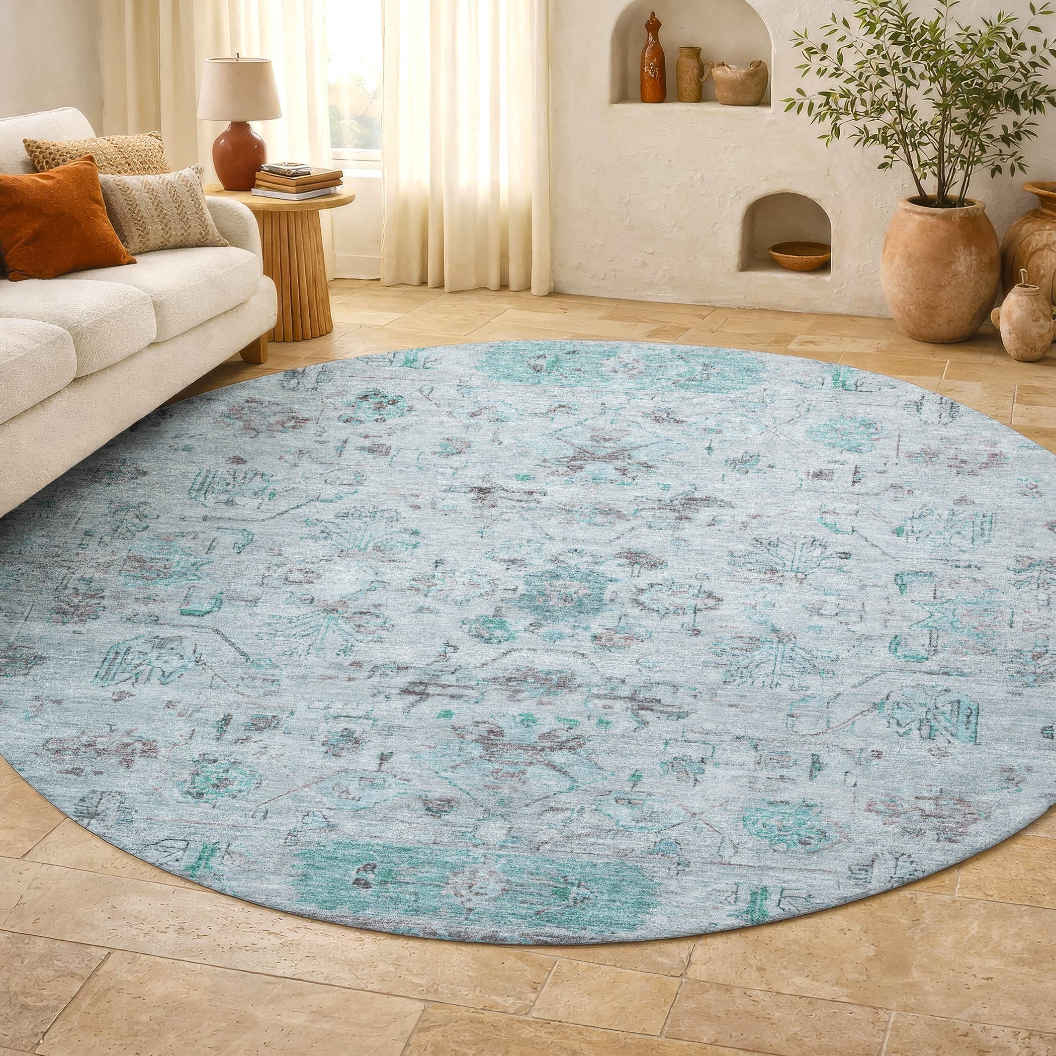 Florence Machine Washable Traditional Teal Rug 8' x 8' #shape_Round
