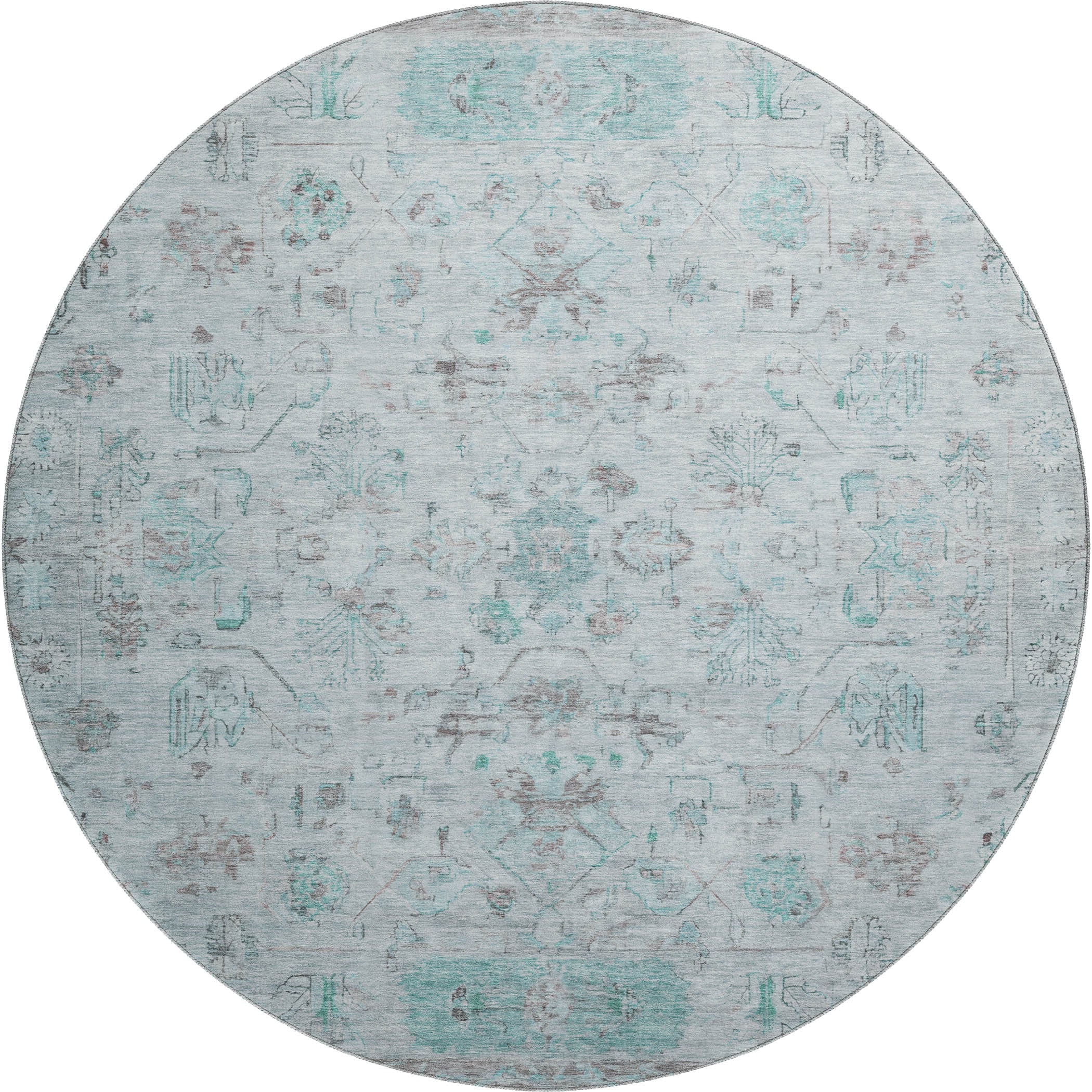 Florence Machine Washable Traditional Teal Rug 8' x 8' #shape_Round