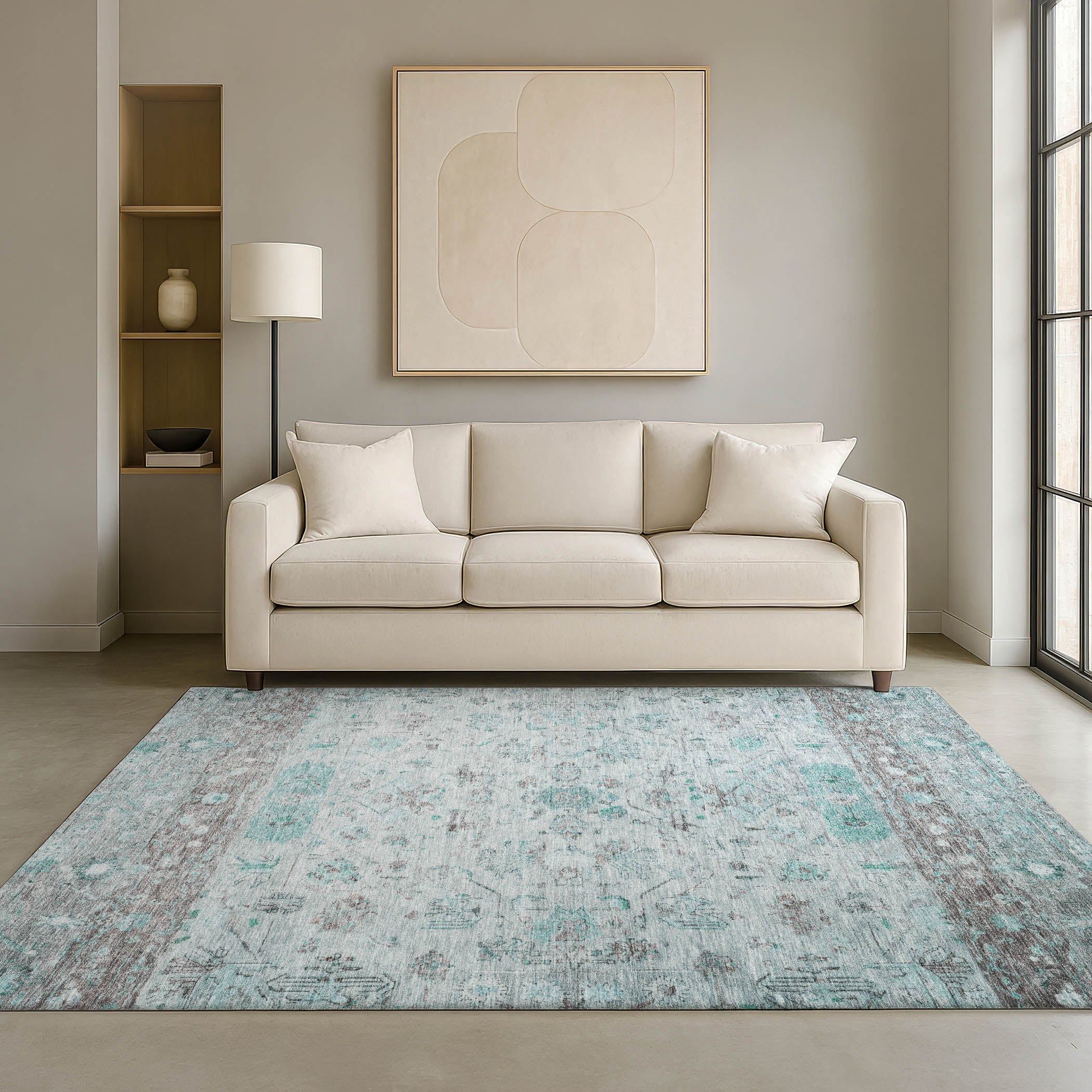 Florence Machine Washable Traditional Teal Rug 3' x 5' #shape_Rectangle