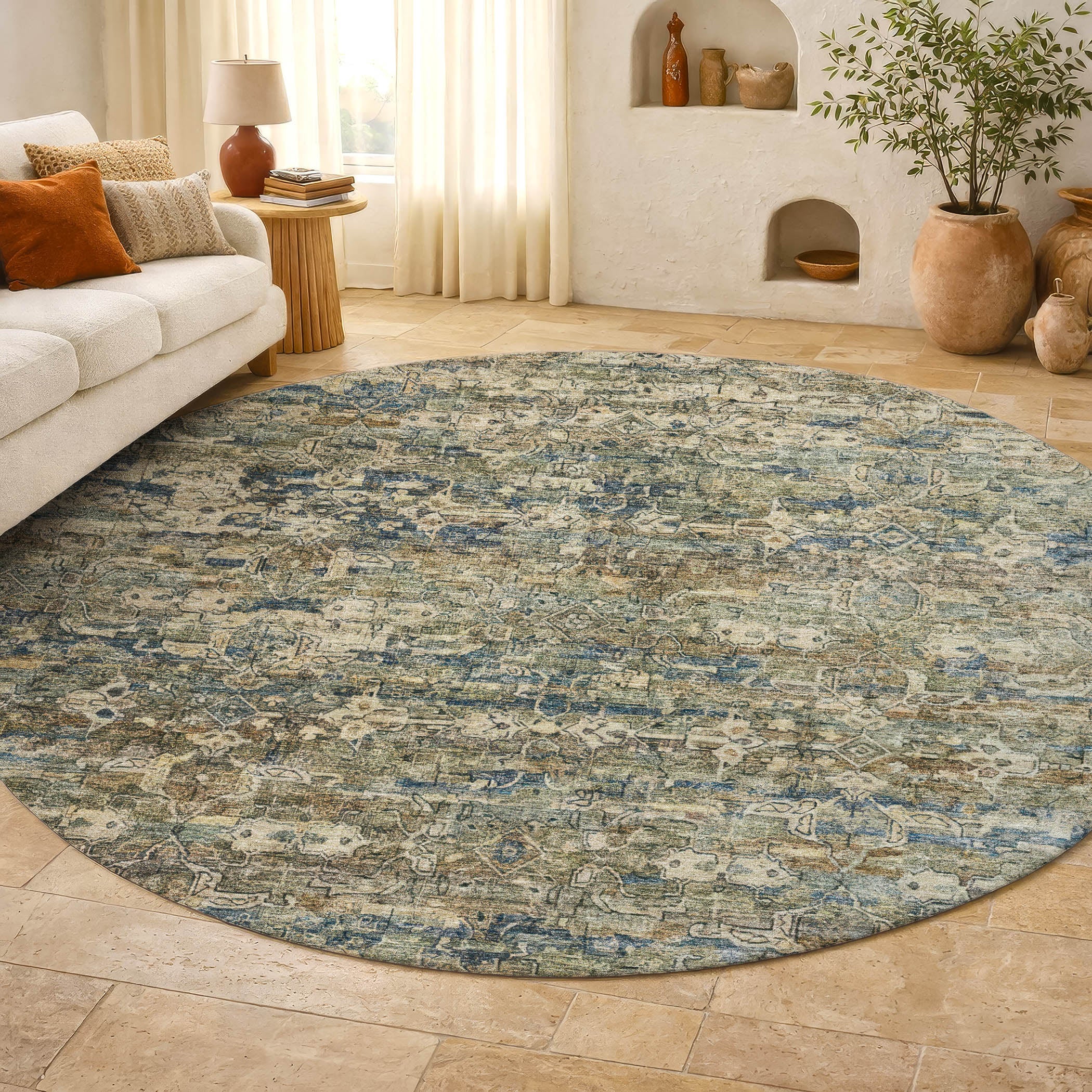 Dubrovnik Machine Washable Transitional Aloe Green Rug 8' x 8' #shape_Round