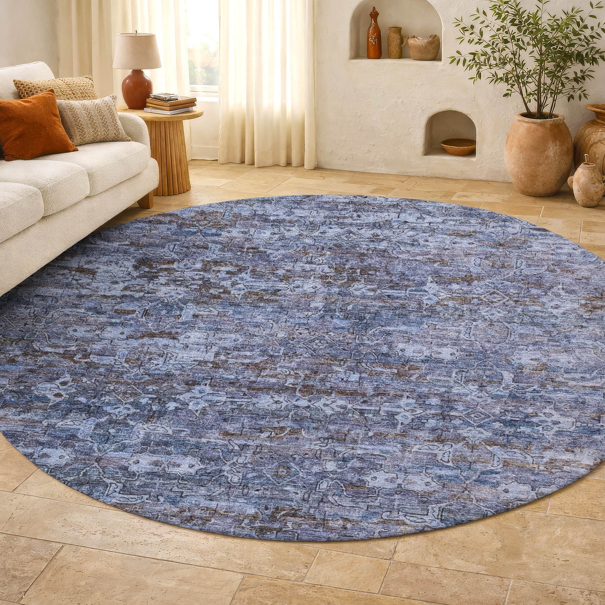 Dubrovnik Machine Washable Transitional Blue Rug 8' x 8' #shape_Round