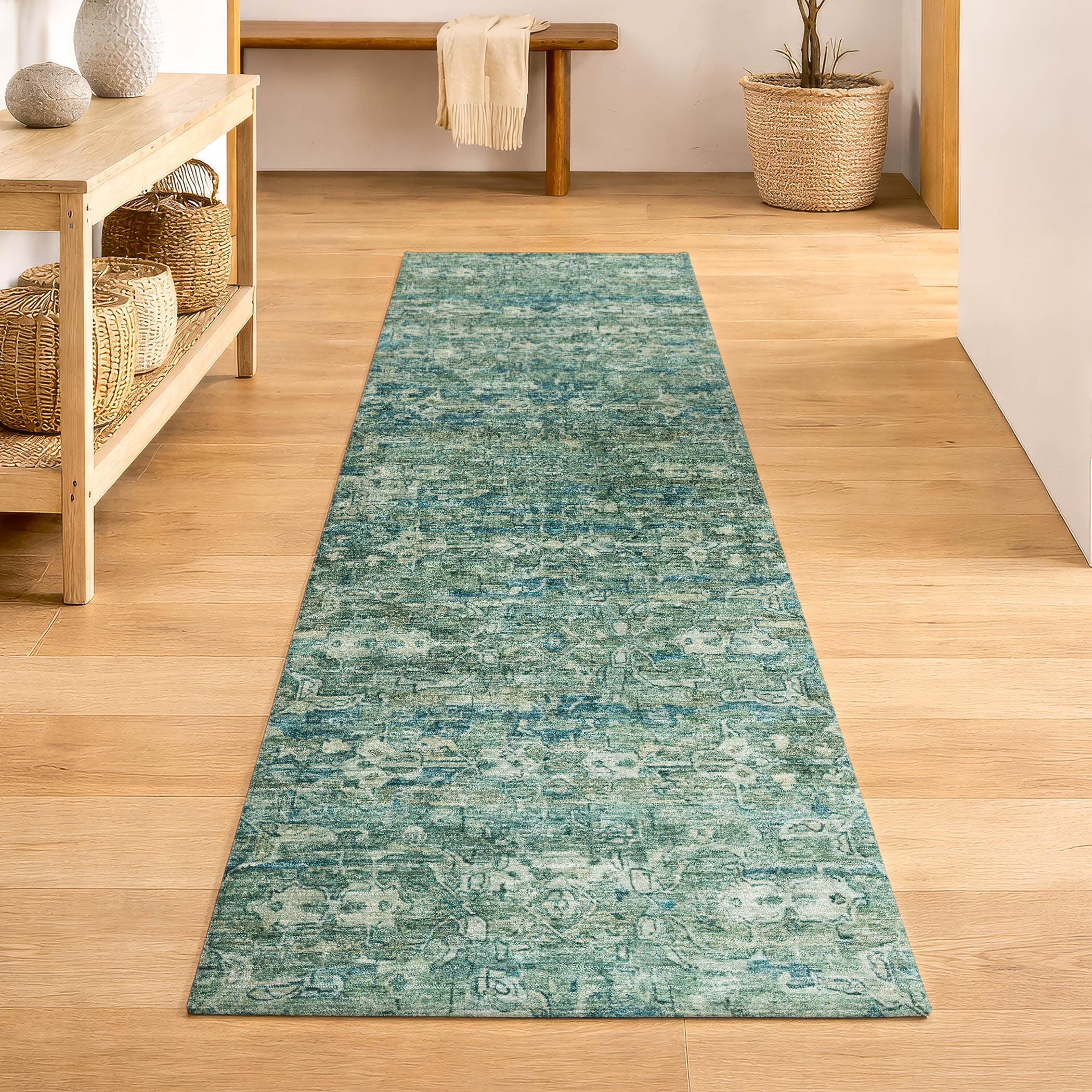 Dubrovnik Machine Washable Transitional Teal Rug 2'3" x 7'6" #shape_Runner