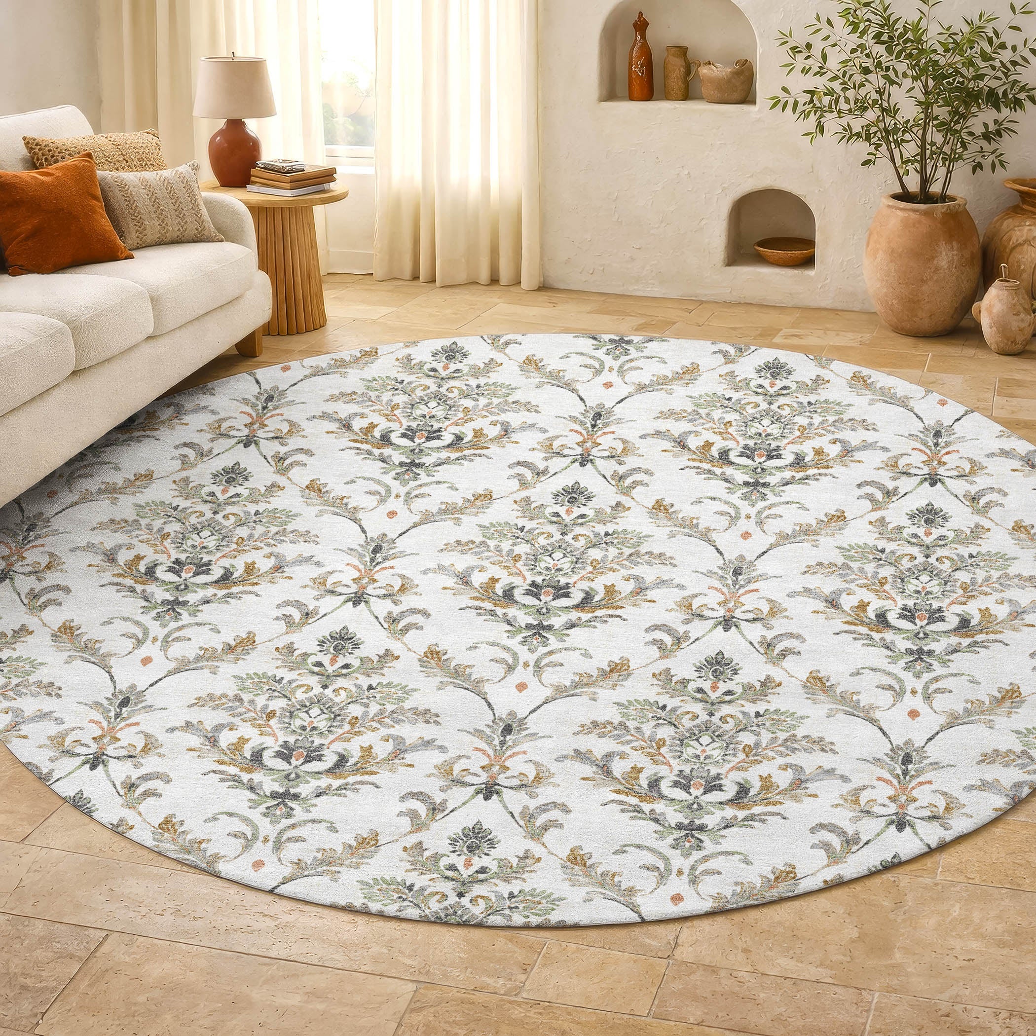 Chiang Mai Machine Washable Traditional Ivory Rug 8' x 8' #shape_Round