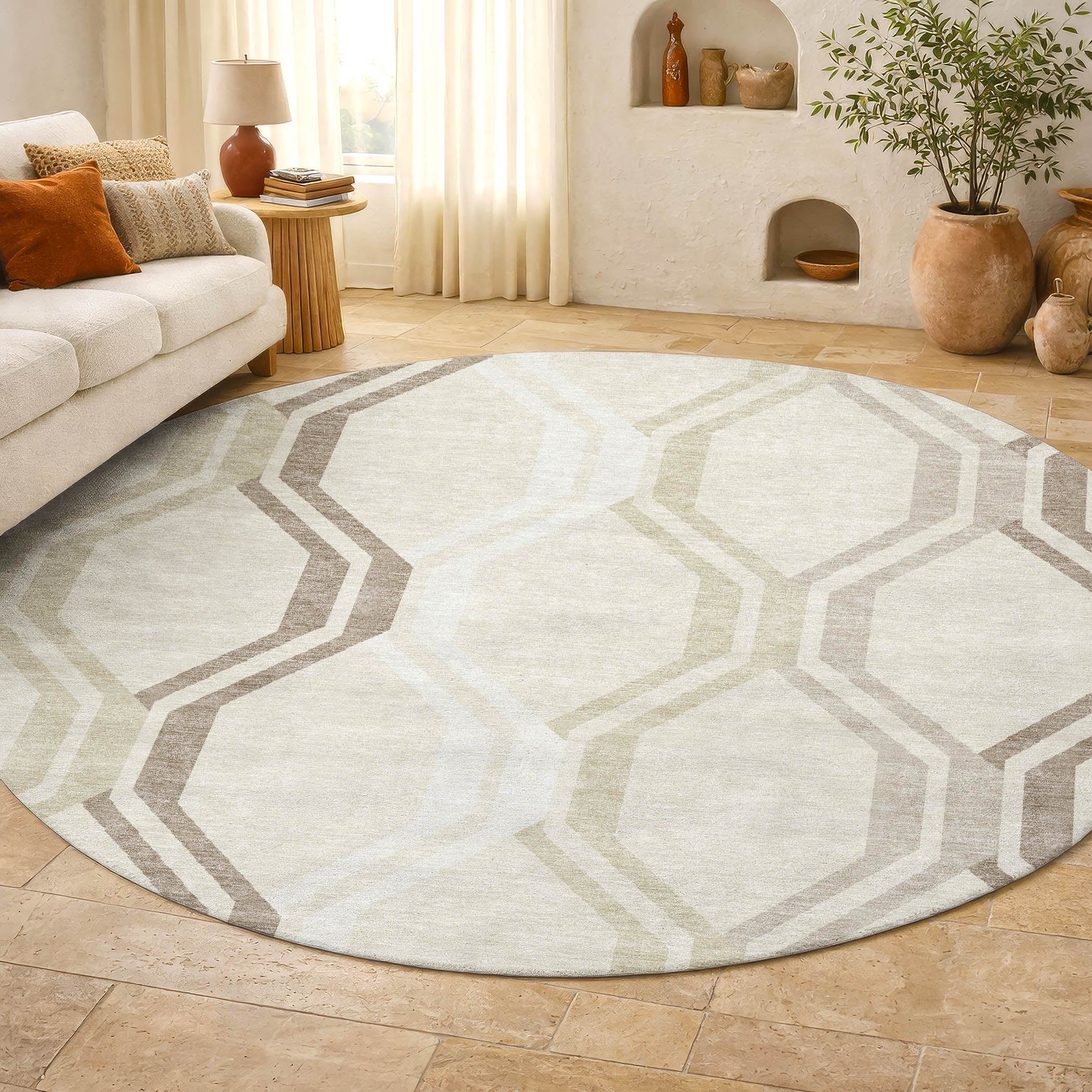 Lucerne Machine Washable Transitional Beige Brown Rug 8' x 8' #shape_Round